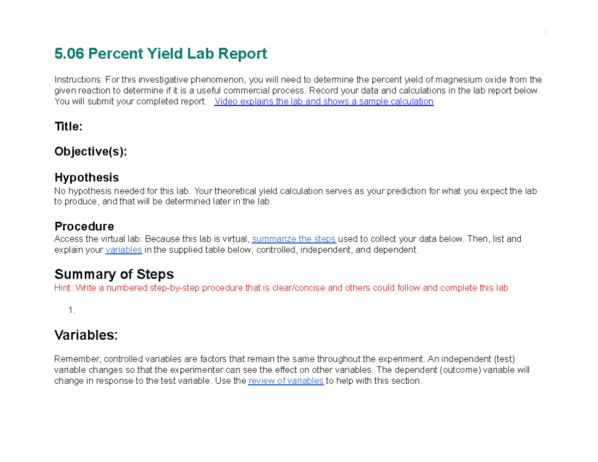 Copy of 5.06 Percent Yield - 5 Percent Yield Lab Report ...