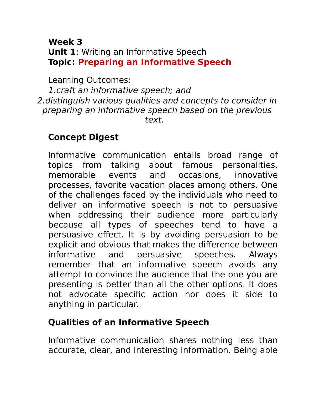 Preparing an Informative Speech - Week 3 Unit 1: Writing an Informative ...