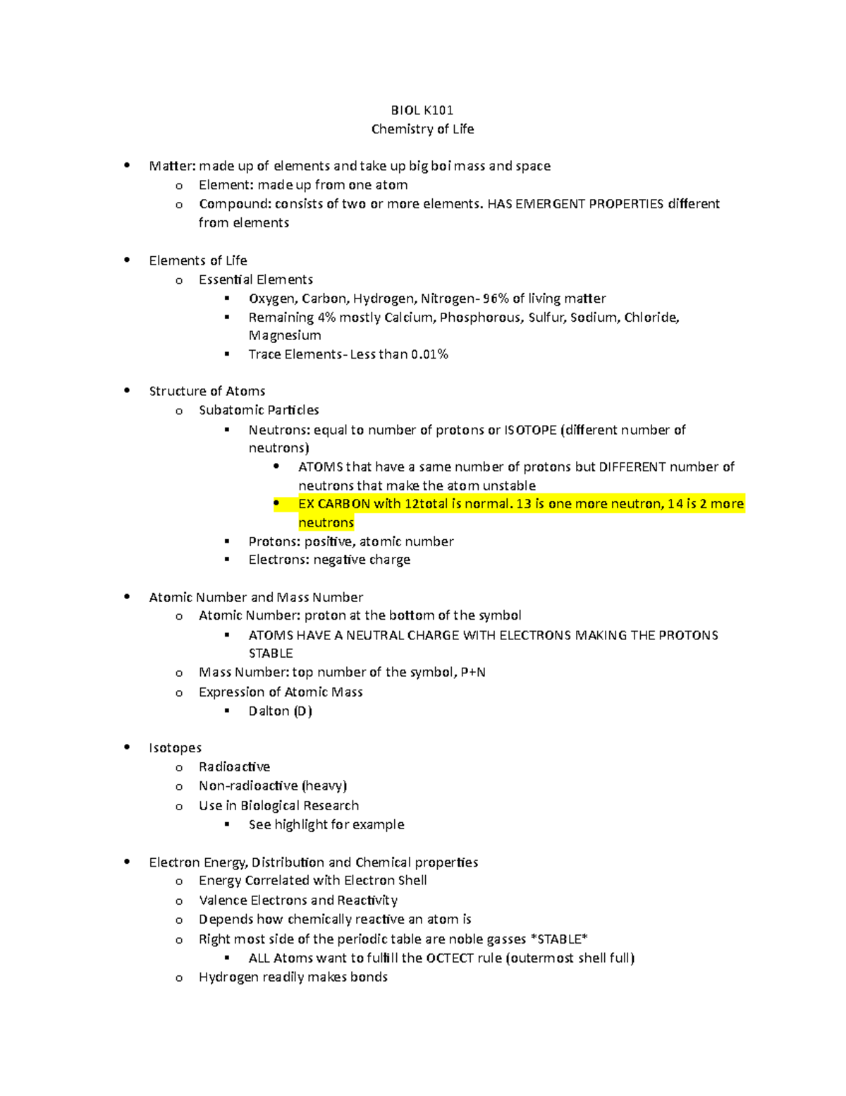 Chapter 2 Outline - Notes - BIOL K Chemistry of Life Matter: made up of ...