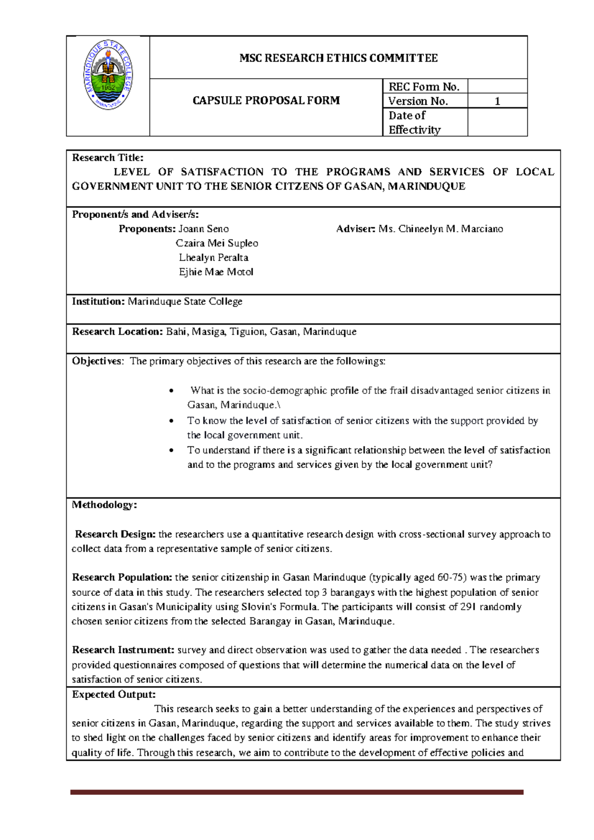 Capsule-proposa L - MSC RESEARCH ETHICS COMMITTEE CAPSULE PROPOSAL FORM ...