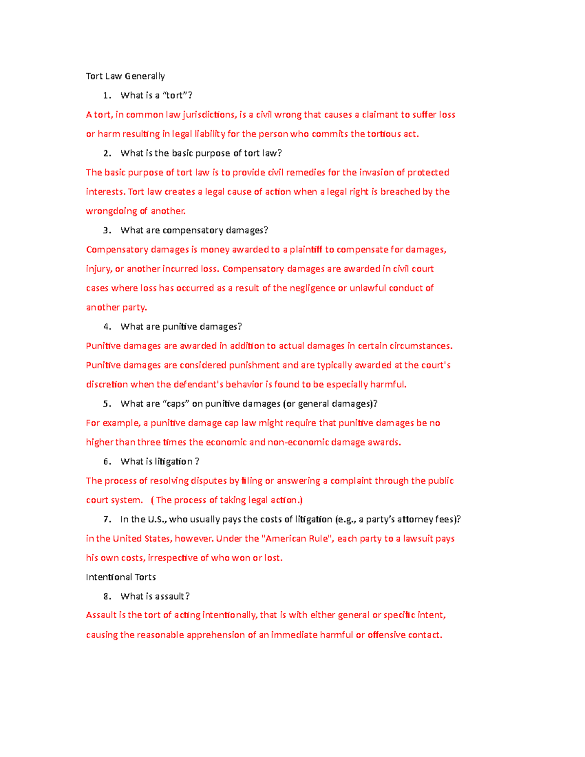 Exam 3 Review Questions Note on Tort Law - Tort Law Generally 1. What ...