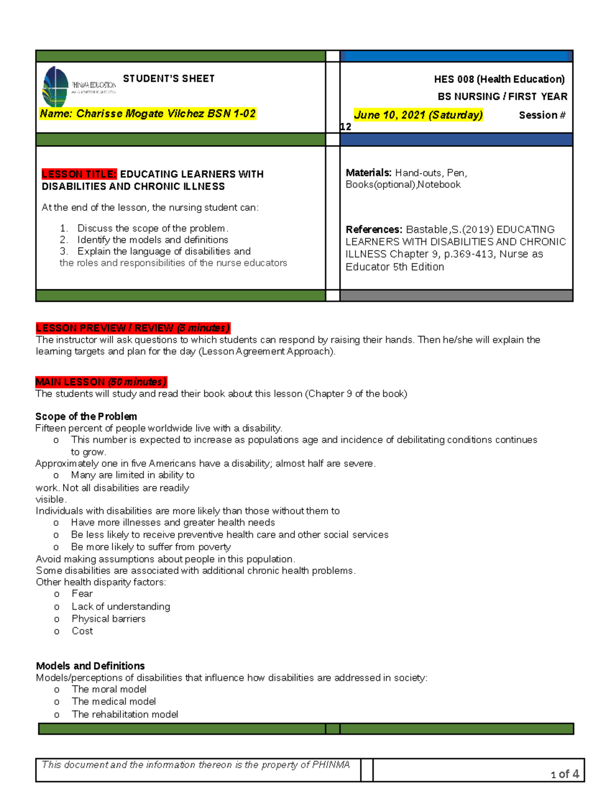 HES 008 Health Education First Year BSN - STUDENT’S SHEET Name ...