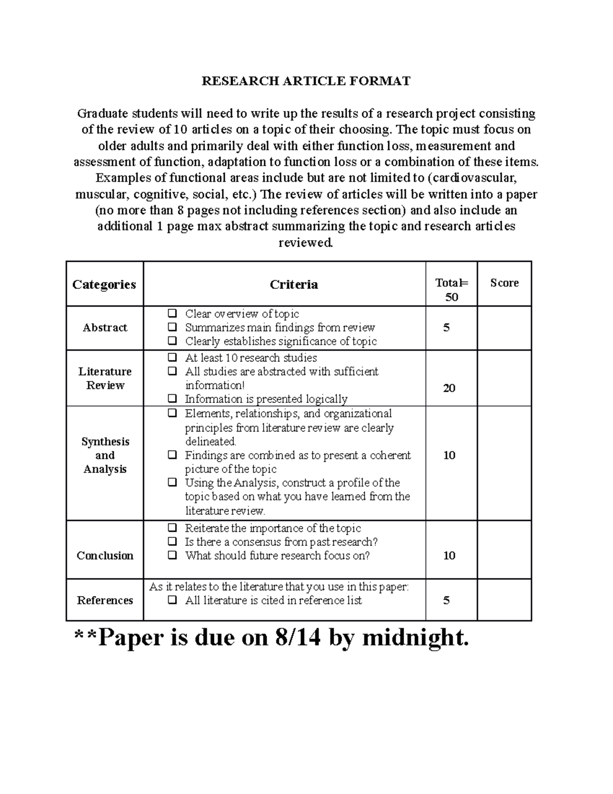 PED572 Paper Rubric - RESEARCH ARTICLE FORMAT Graduate Students Will ...