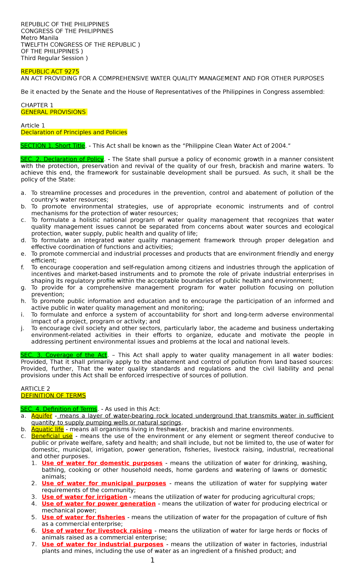 IRA.9275 Philippine Clean Water Act of 2004 - REPUBLIC OF THE ...