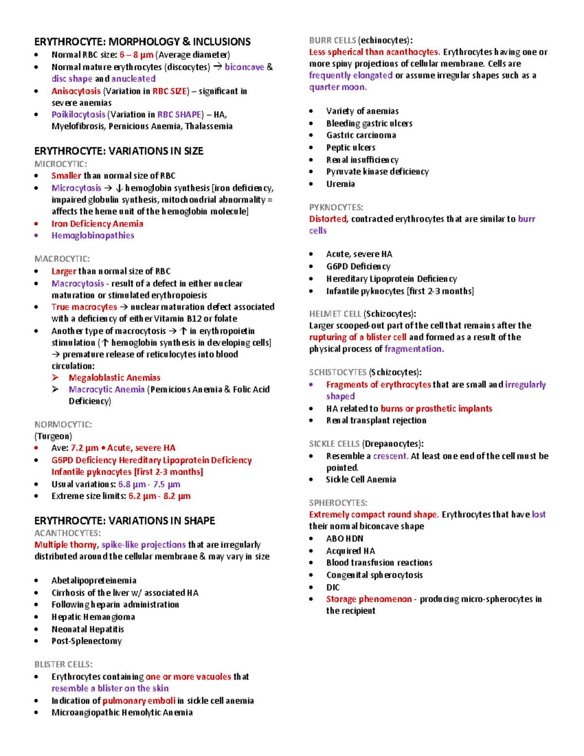 Erythrocyte Reviewer Hematology Lect - ERYTHROCYTE: MORPHOLOGY ...