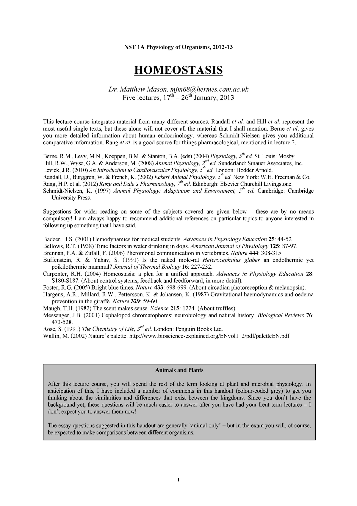 Homeostasis - Lecture Notes 1-5 - NST 1A Physiology Of Organisms, 201 2 ...