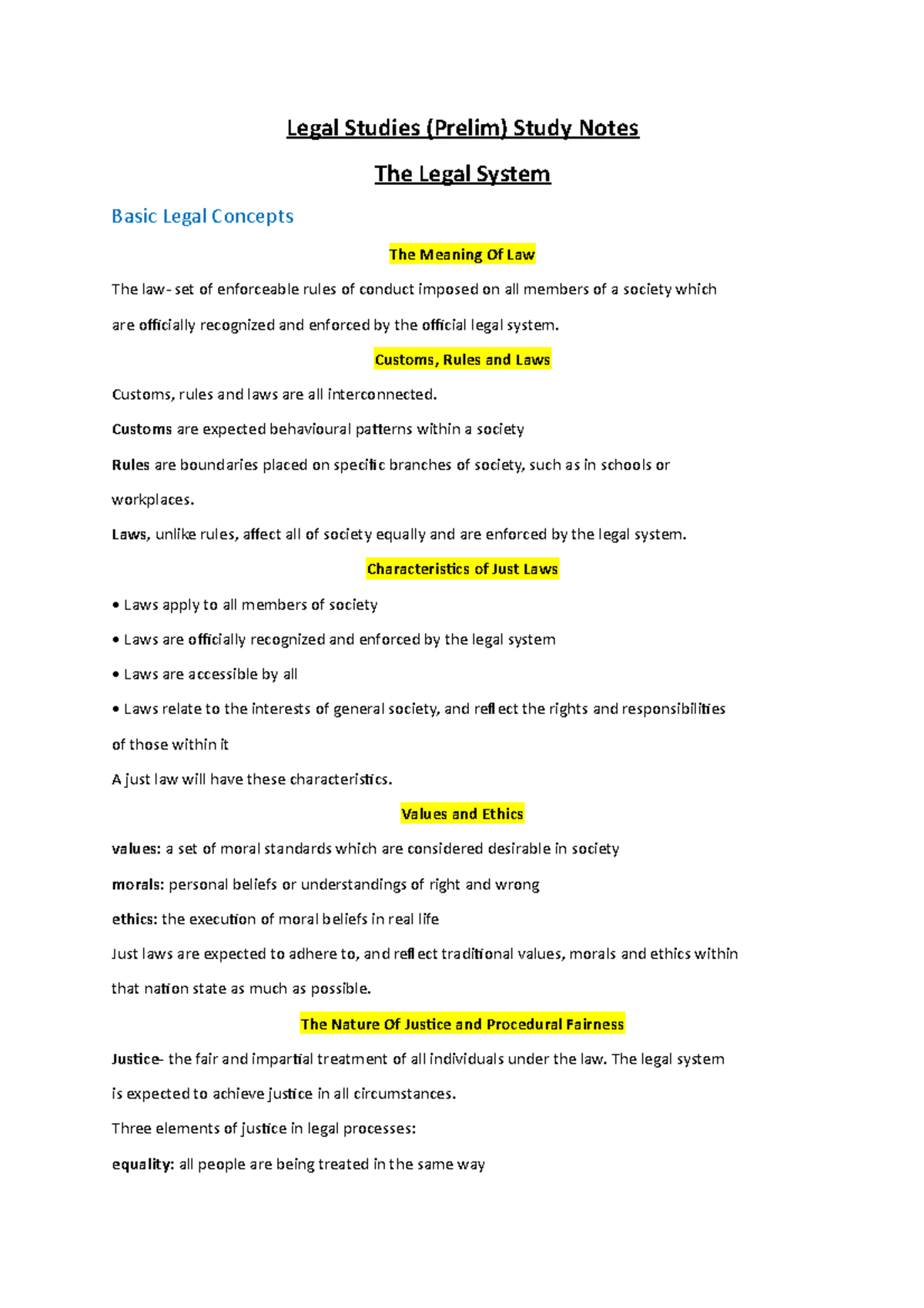 Legal Studies notes prelim - Legal Studies (Prelim) Study Notes The ...