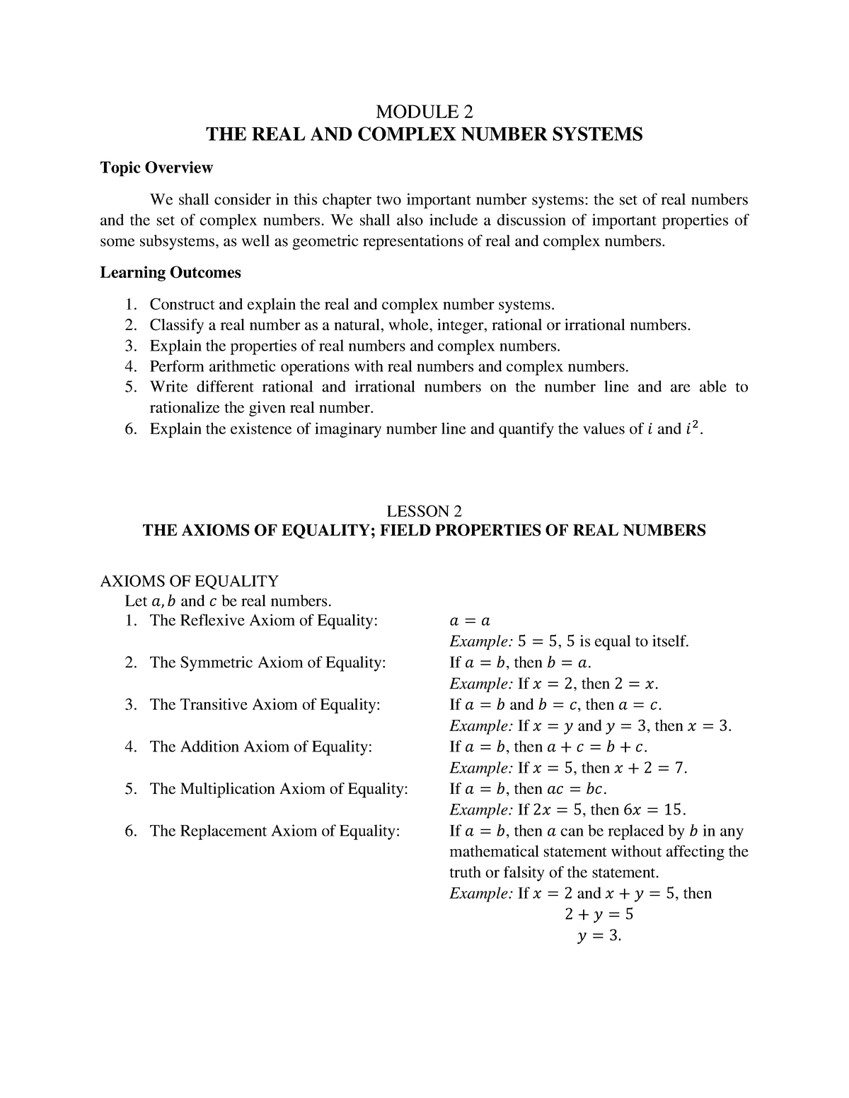 MAT002 Lesson 2.2 THE Axioms OF Equality - MODULE 2 THE REAL AND ...