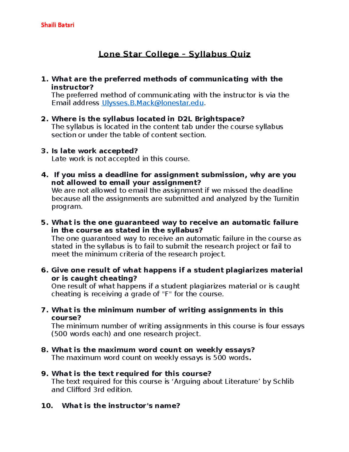 Syllabus Quiz with answers Shaili Batsri Lone Star College Syllabus