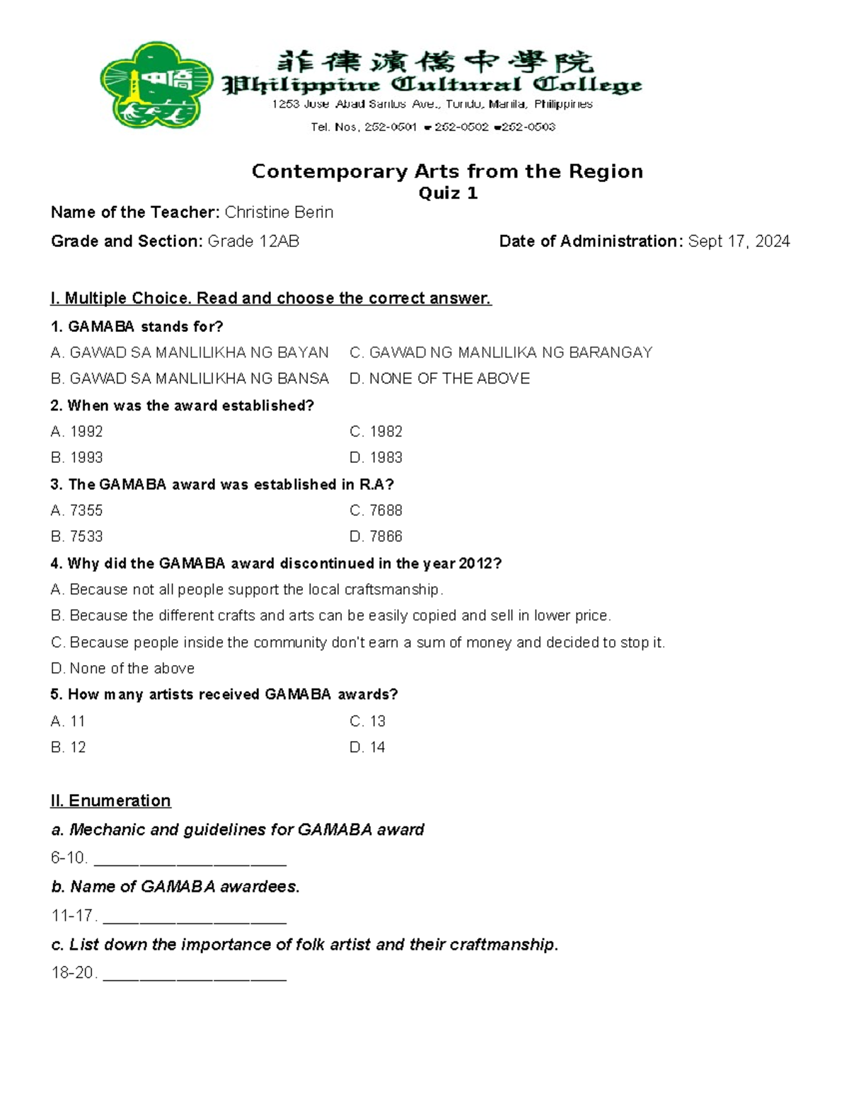 CPAR Quiz 1 Quiz about GAMABA Artist Contemporary Arts from the