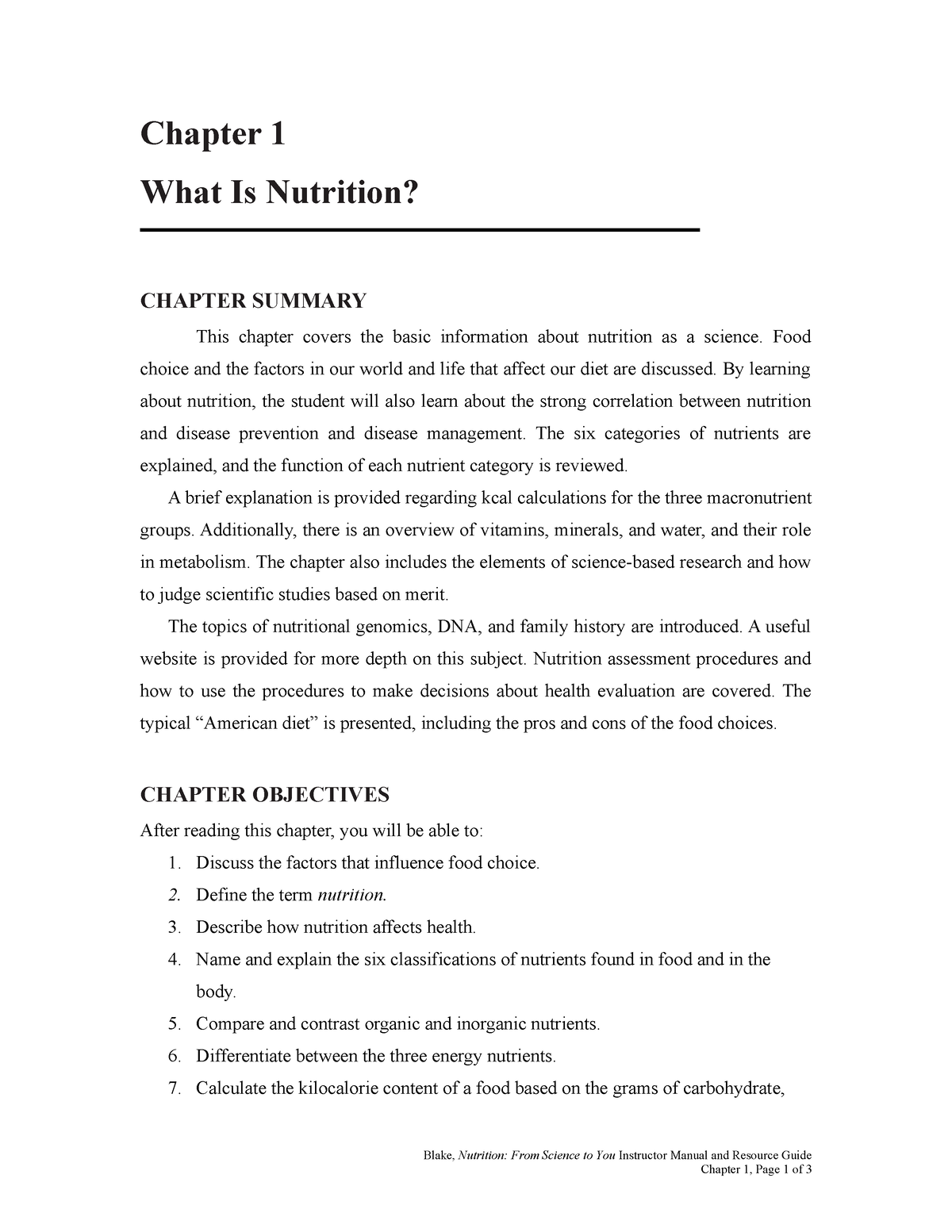 Ch 01 Instructor Manual-1 - Chapter 1 What Is Nutrition? CHAPTER ...