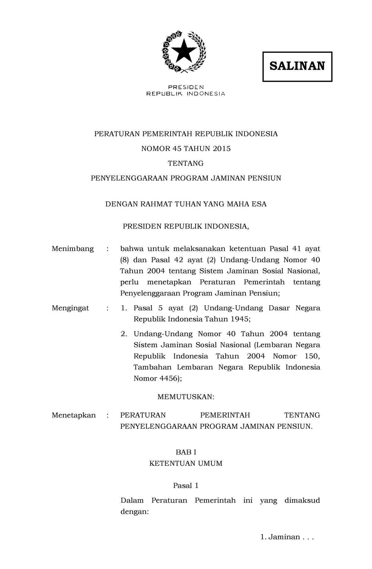 PP Nomor 45 Tahun 2015 - Usia Pensiun - PERATURAN PEMERINTAH REPUBLIK ...