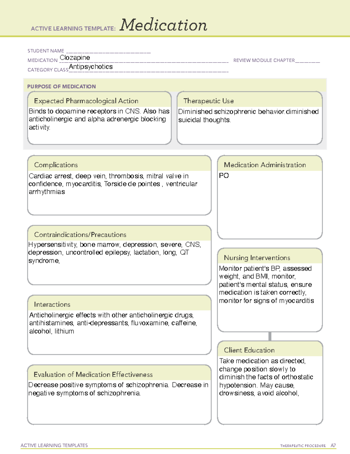 Ati Clozapine Active Learning Templates Therapeutic Procedure A