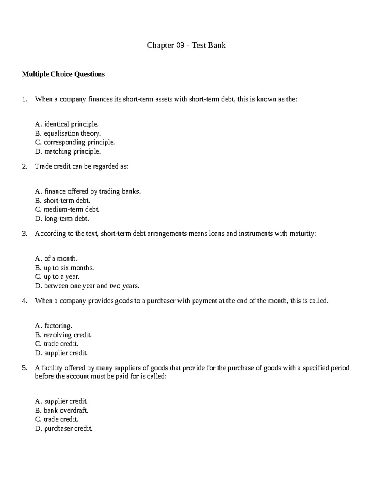TEST BANK 9 Short TERM DEBT - Chapter 09 - Test Bank Multuple Chiuce ...
