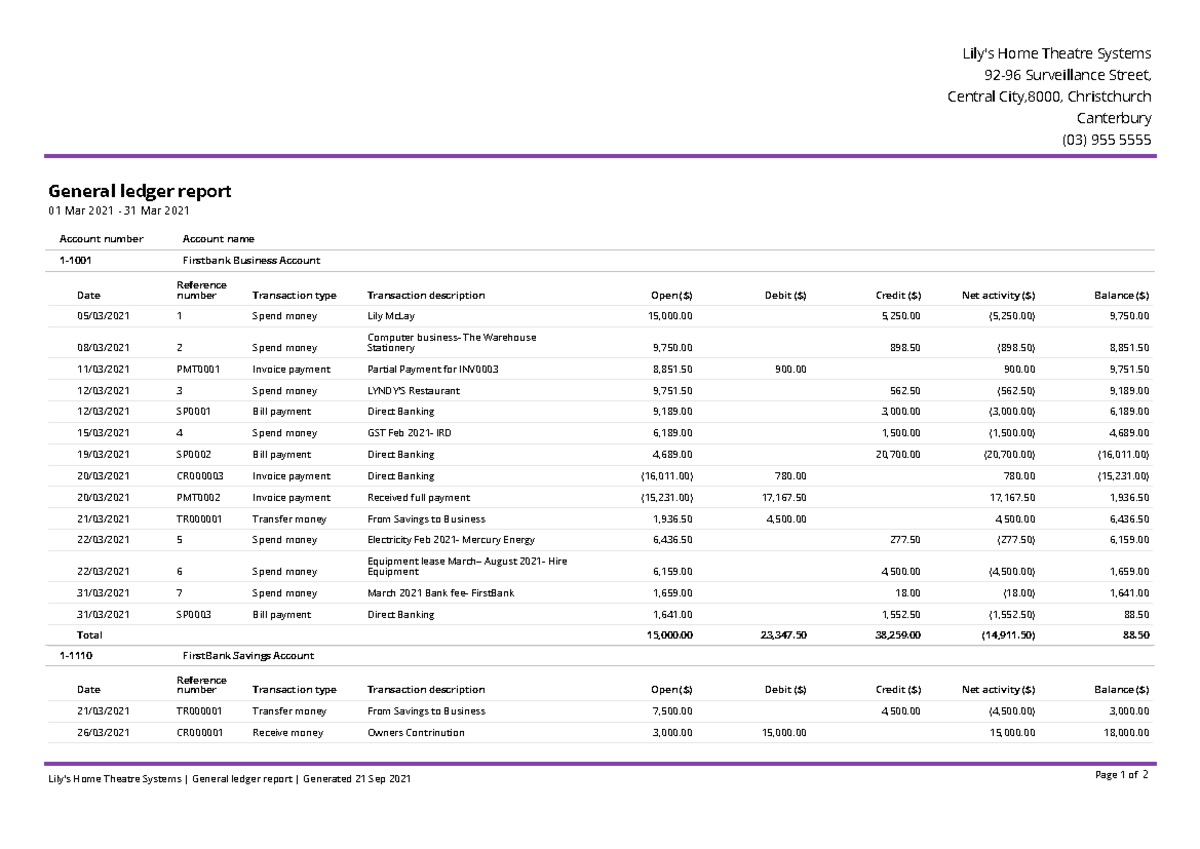 General ledger- MYOB - Lily's Home Theatre Systems 92-96 Surveillance ...