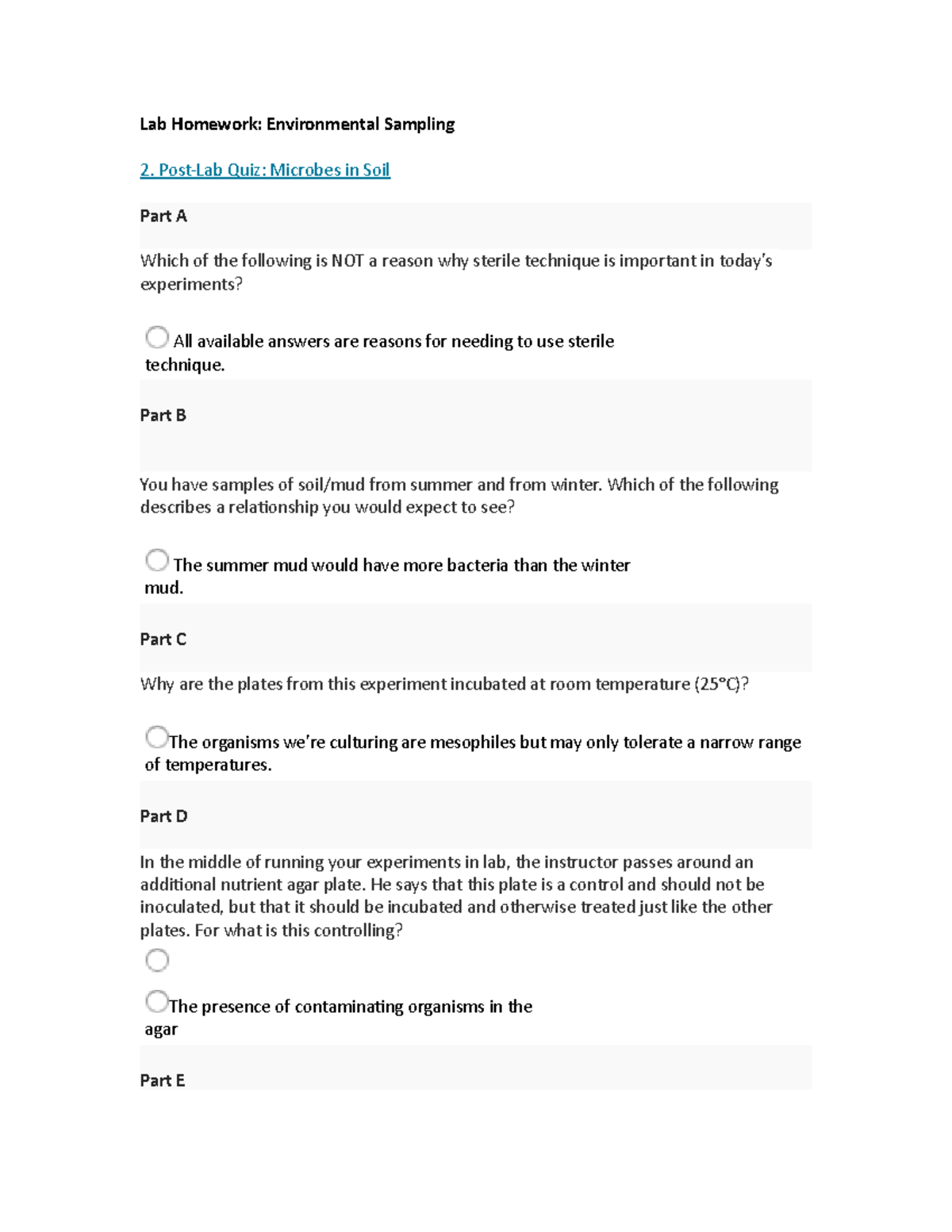Environmental Sampling 2. PostLab Quiz Microbes in Soil Lab