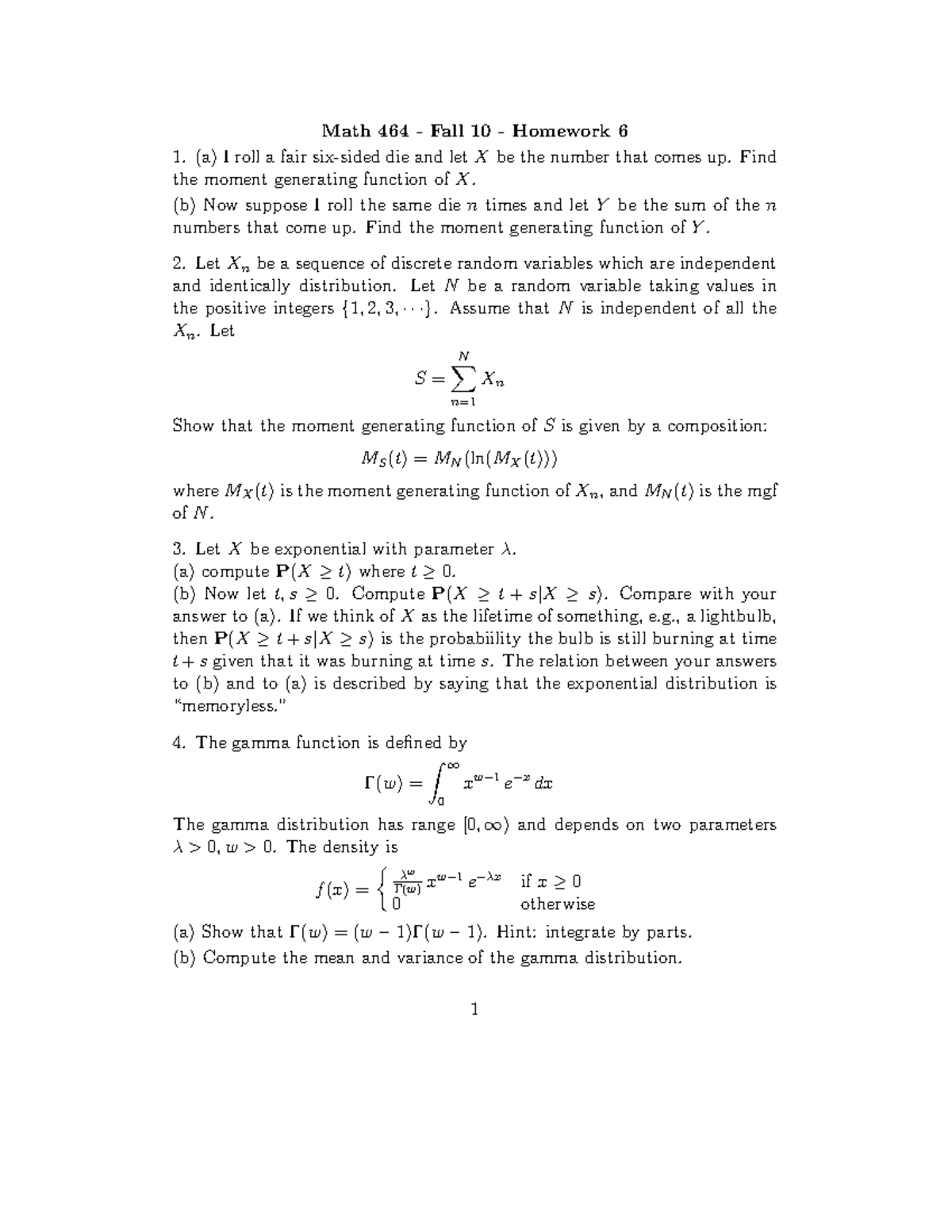 Hmwk6 - Homework Assignment 6 - Math 464 - Fall 10 - Homework 6 (a) I ...