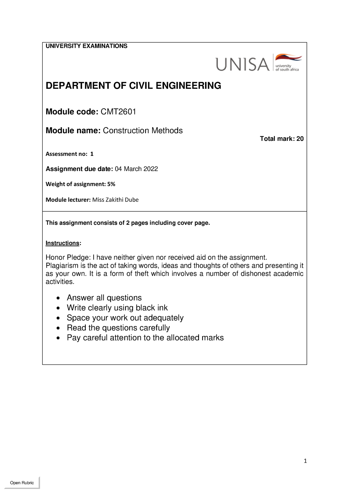 CMT2601 Assignment 1 - This document is helpful - 1 UNIVERSITY ...