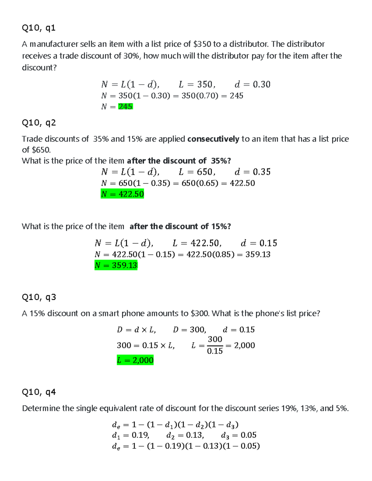 discounted price questions examples - Q10, q A manufacturer sells an ...