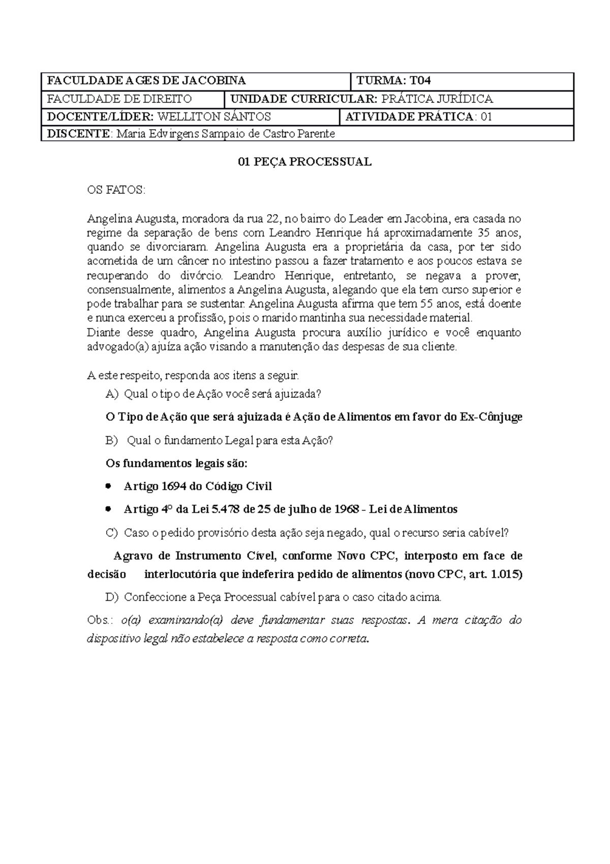 Atividade DE Prática Jurídica 01 Edvirgens - FACULDADE AGES DE JACOBINA ...