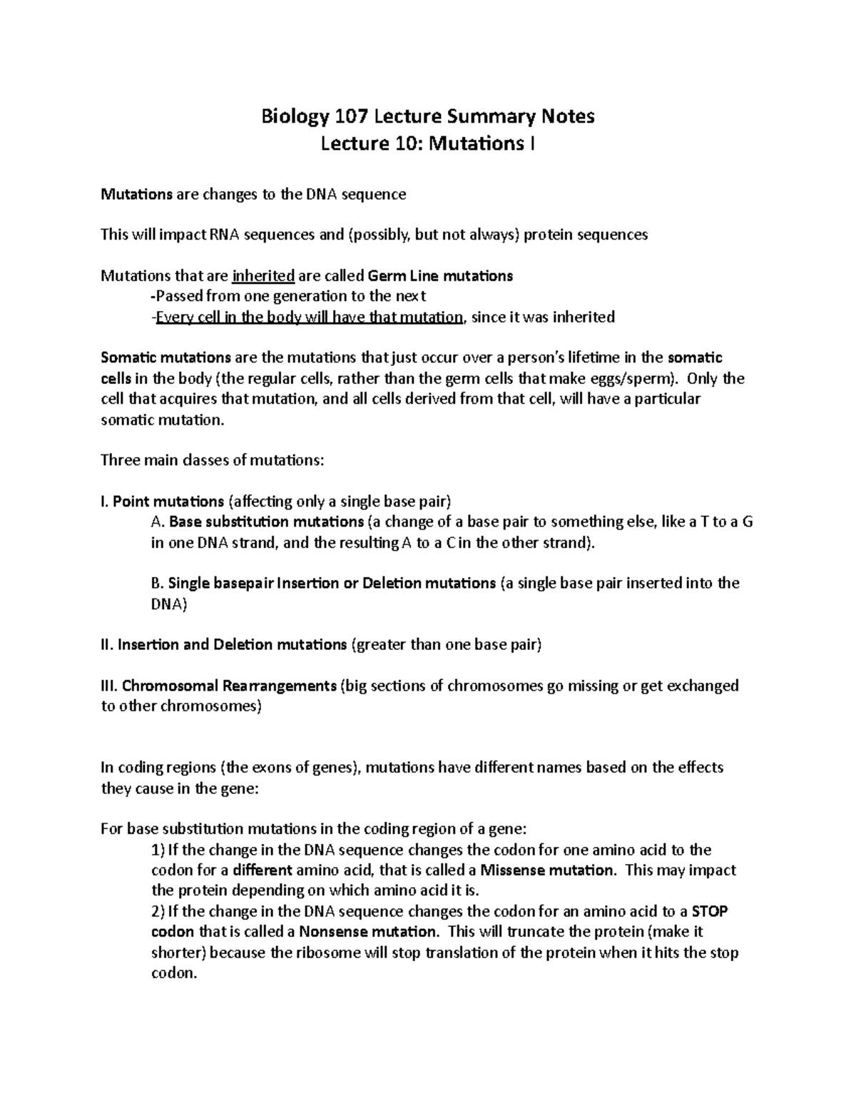 Lect 10 Summary Notes Sp 23 - Biology 107 Lecture Summary Notes Lecture ...