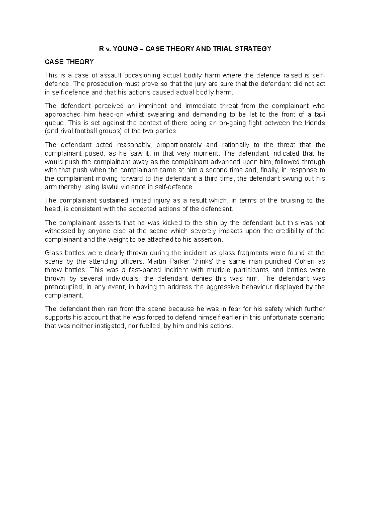 Sample Case Theory and Trial Strategy R v Young R v. YOUNG CASE THEORY AND TRIAL STRATEGY