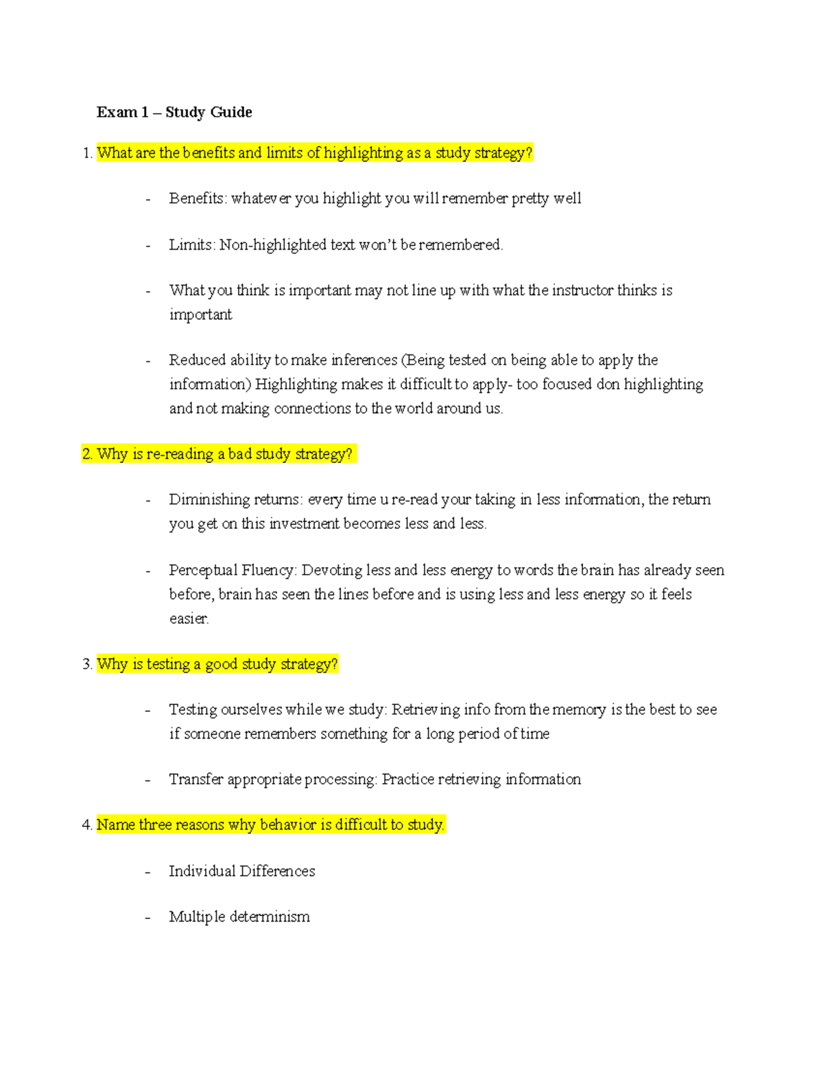 PSY Exam 1 – Study Guide - Exam 1 – Study Guide 1 are the benefits and ...