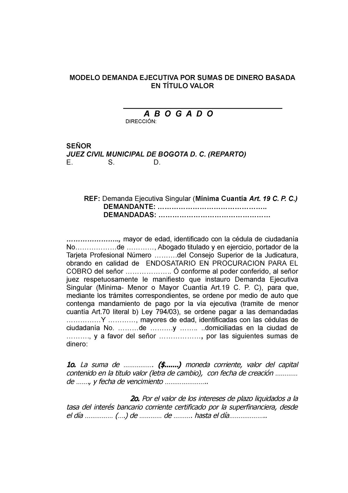 Demanda De Ejecución Por Sumas De Dinero Basada En Título Valor Modelo Demanda Ejecutiva Por 1293