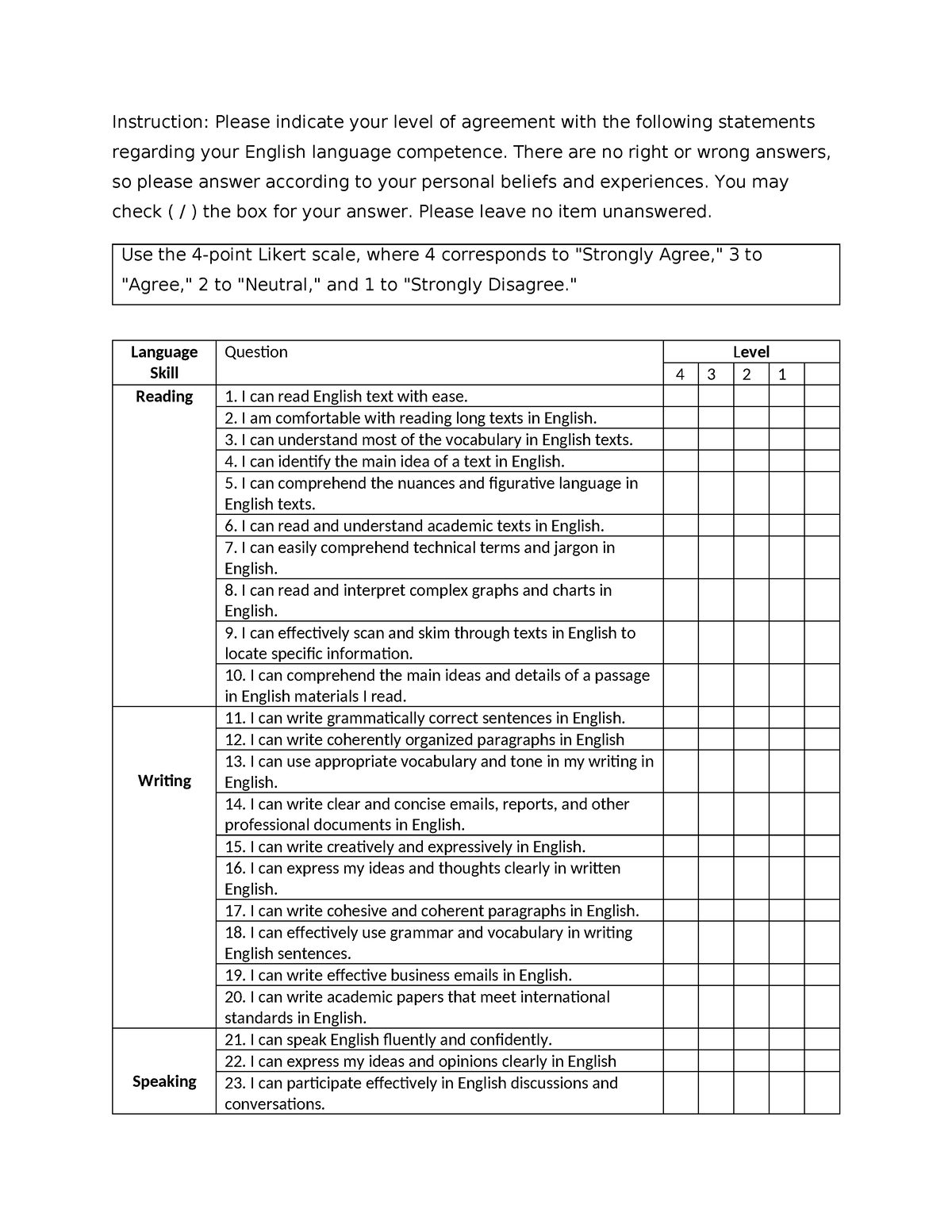 Survey Questionnaire - English language - Instruction: Please indicate ...