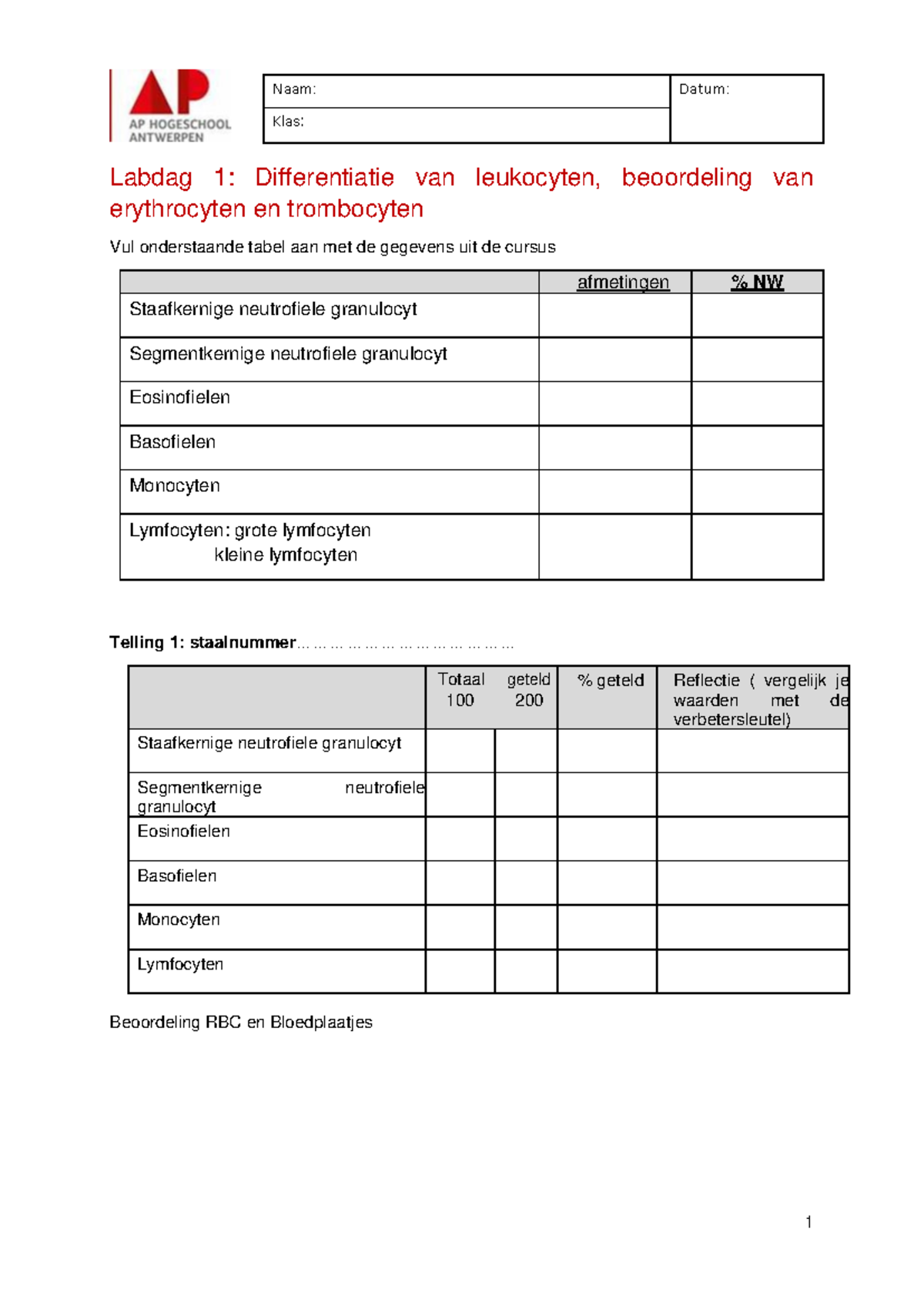 Labcluster Klinische biologie 1 facet Hematologie Invuldocumenten ...