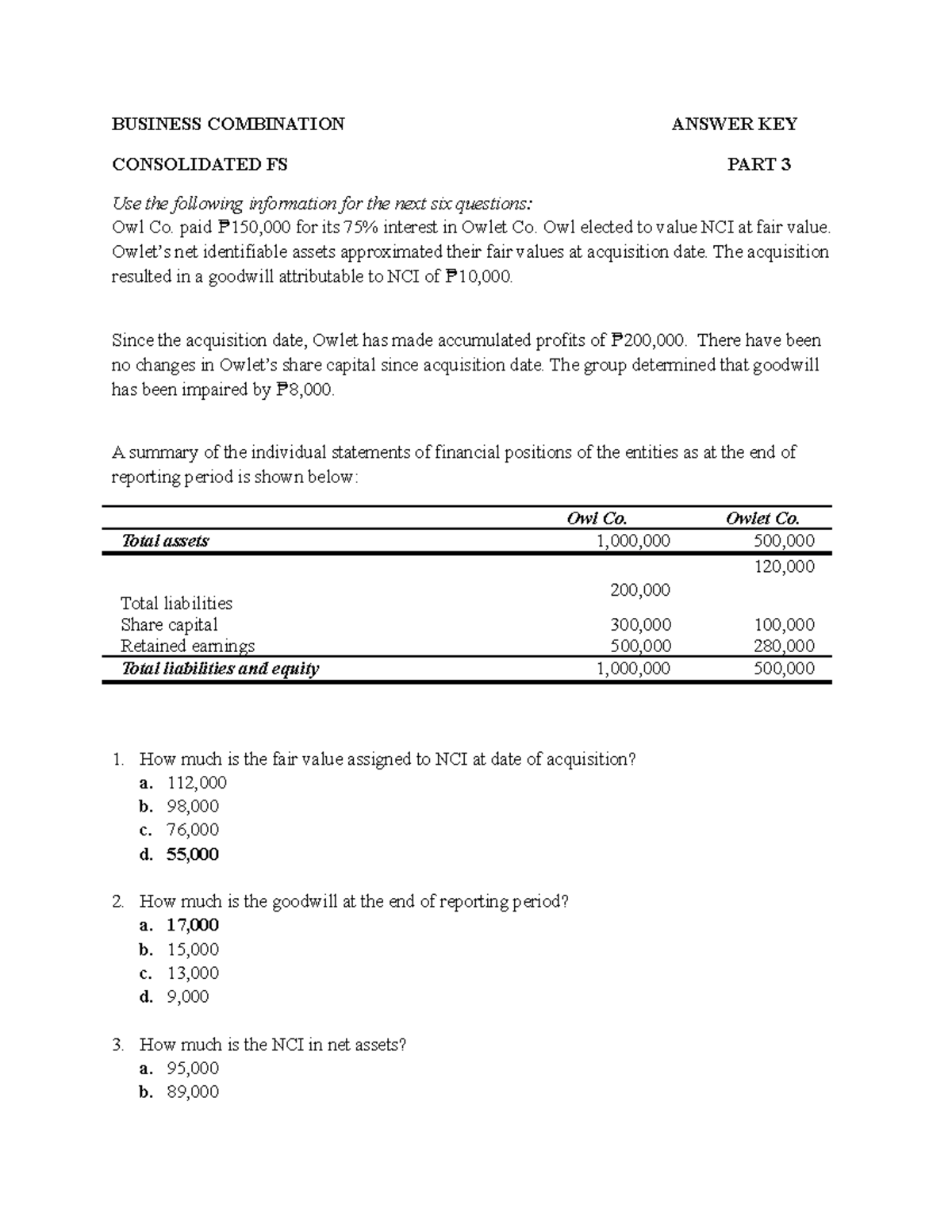 BUS. Combi.- Consolidated FS Part 3 - BUSINESS COMBINATION ANSWER KEY ...