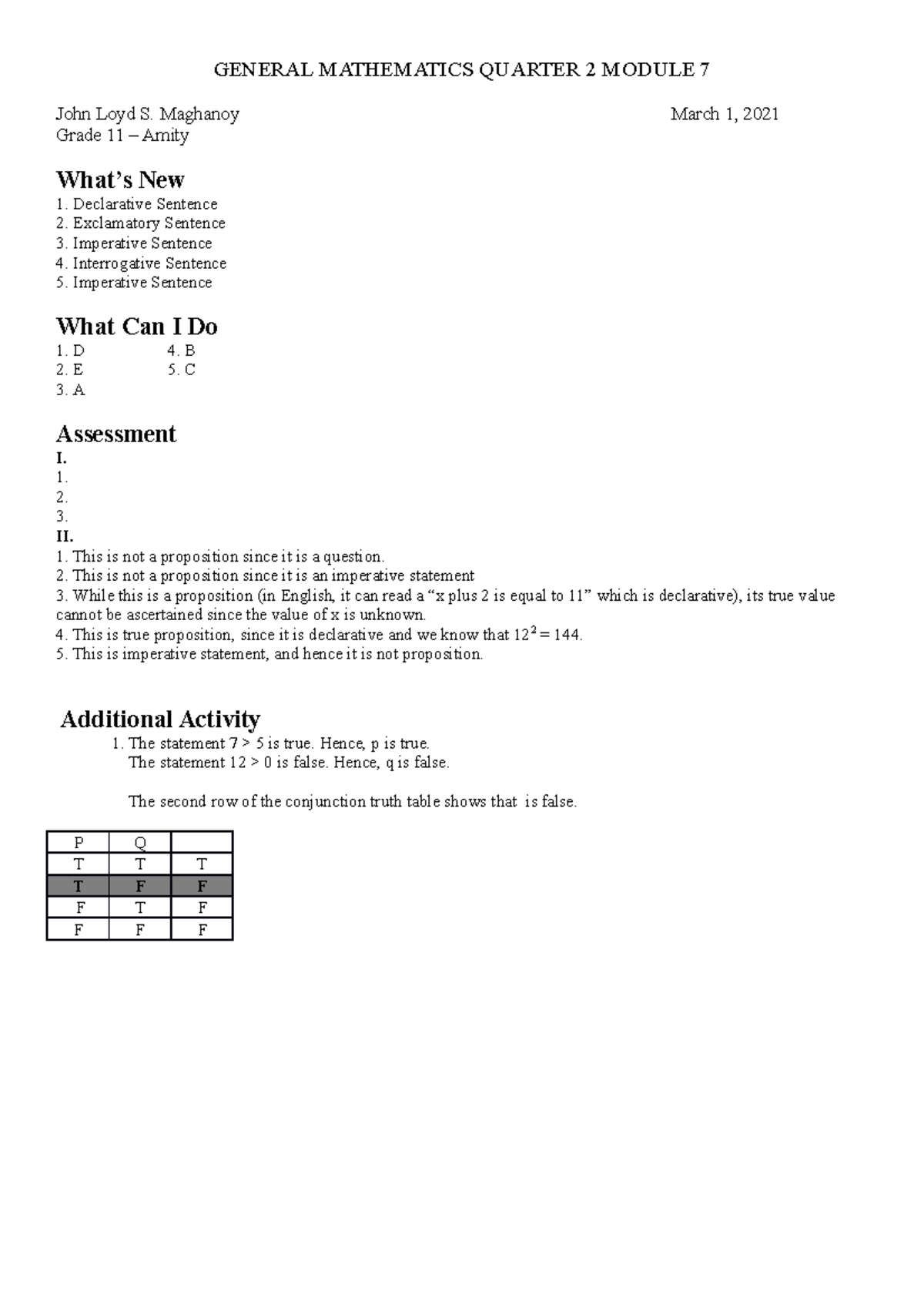 Grade 9 Mathematics Quarter 4 Module 1 Answer Key