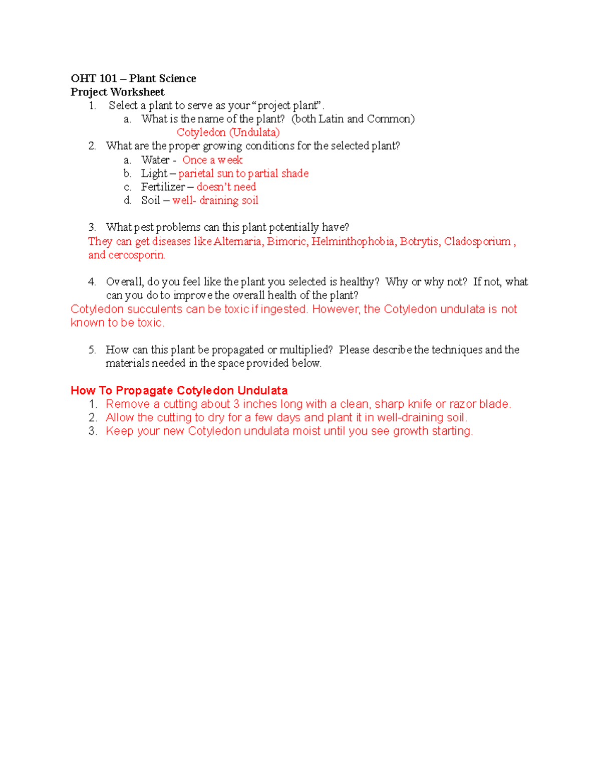 Project Worksheet - OHT 101 – Plant Science Project Worksheet 1. Select ...