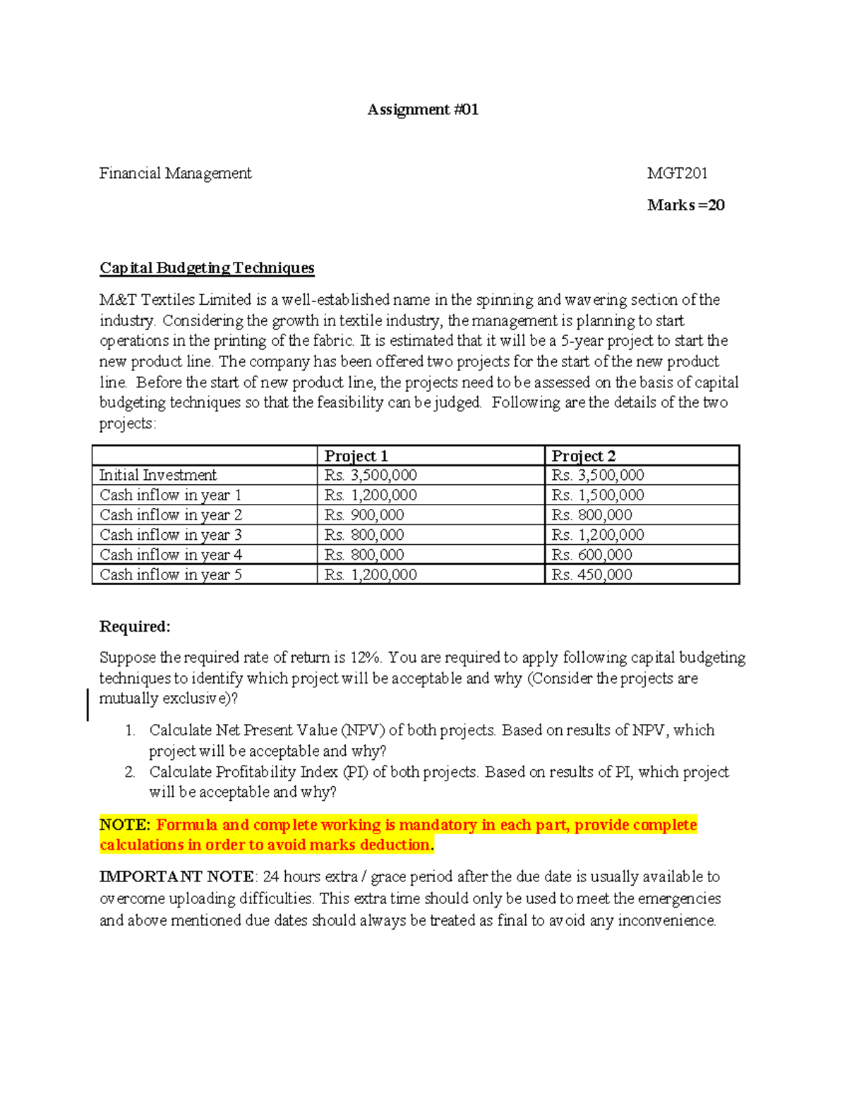 Fall 2021 MGT201 Exercise - Assignment # Financial Management MGT Marks ...