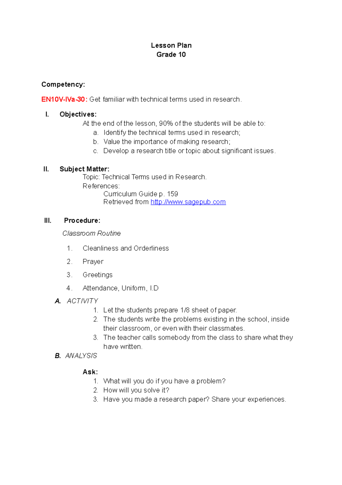 research lesson plan grade 10