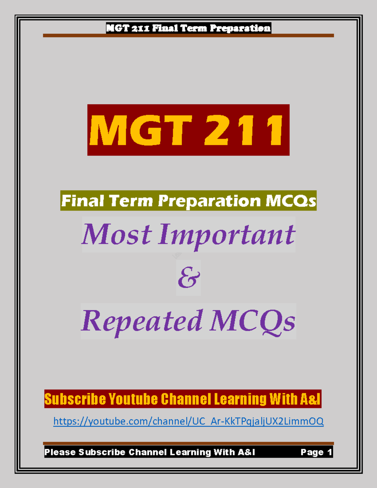 Mgt211 Mcqs Final Term - MGT 211 Final Term Preparation MCQs Most ...