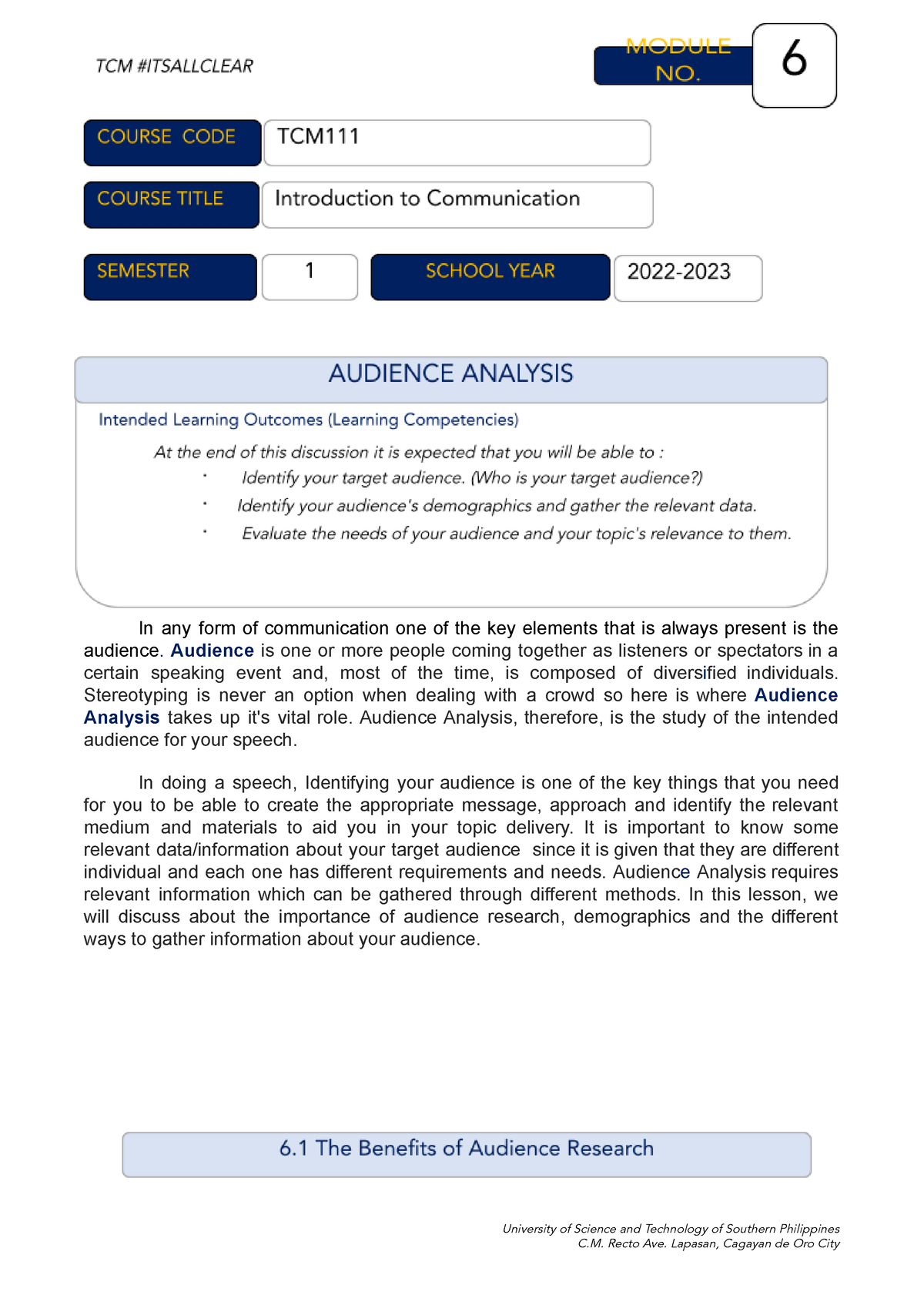 Audience Analysis - B.S Technology Of Communication Management Topic ...