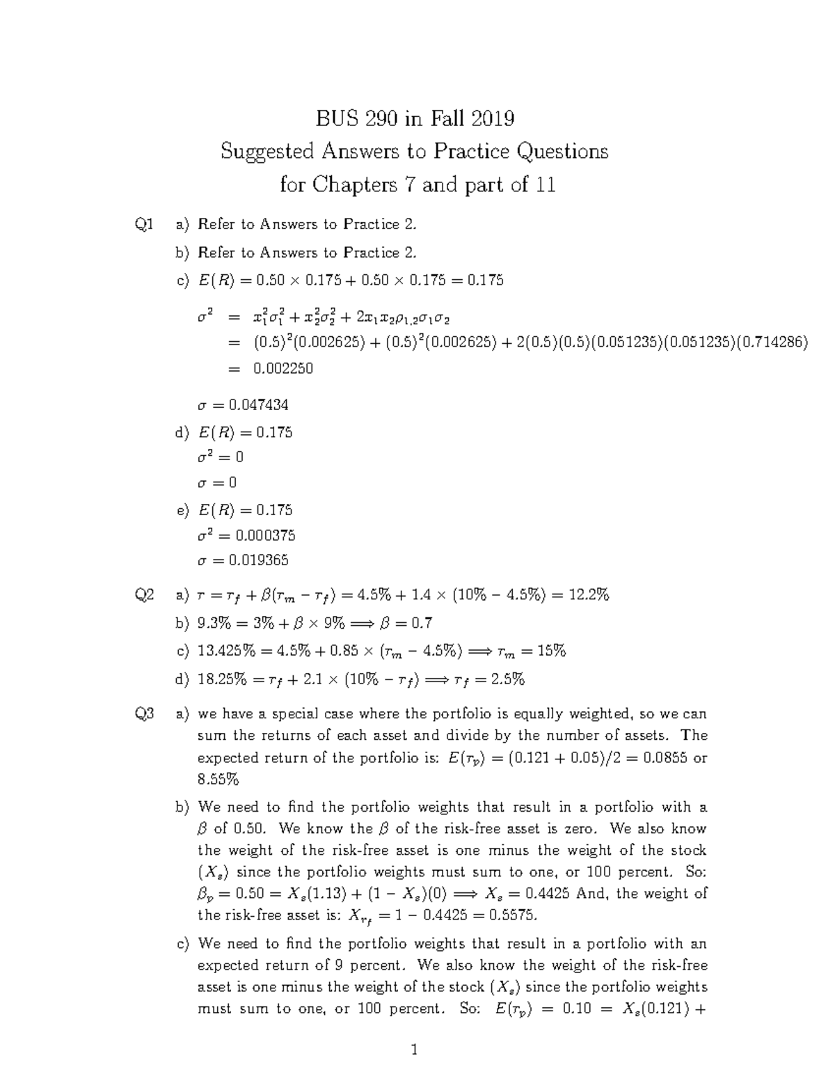 Answer - B) Refer To Answers To Practice 2. C) E(R) = 0. 50 × 0 .175 ...