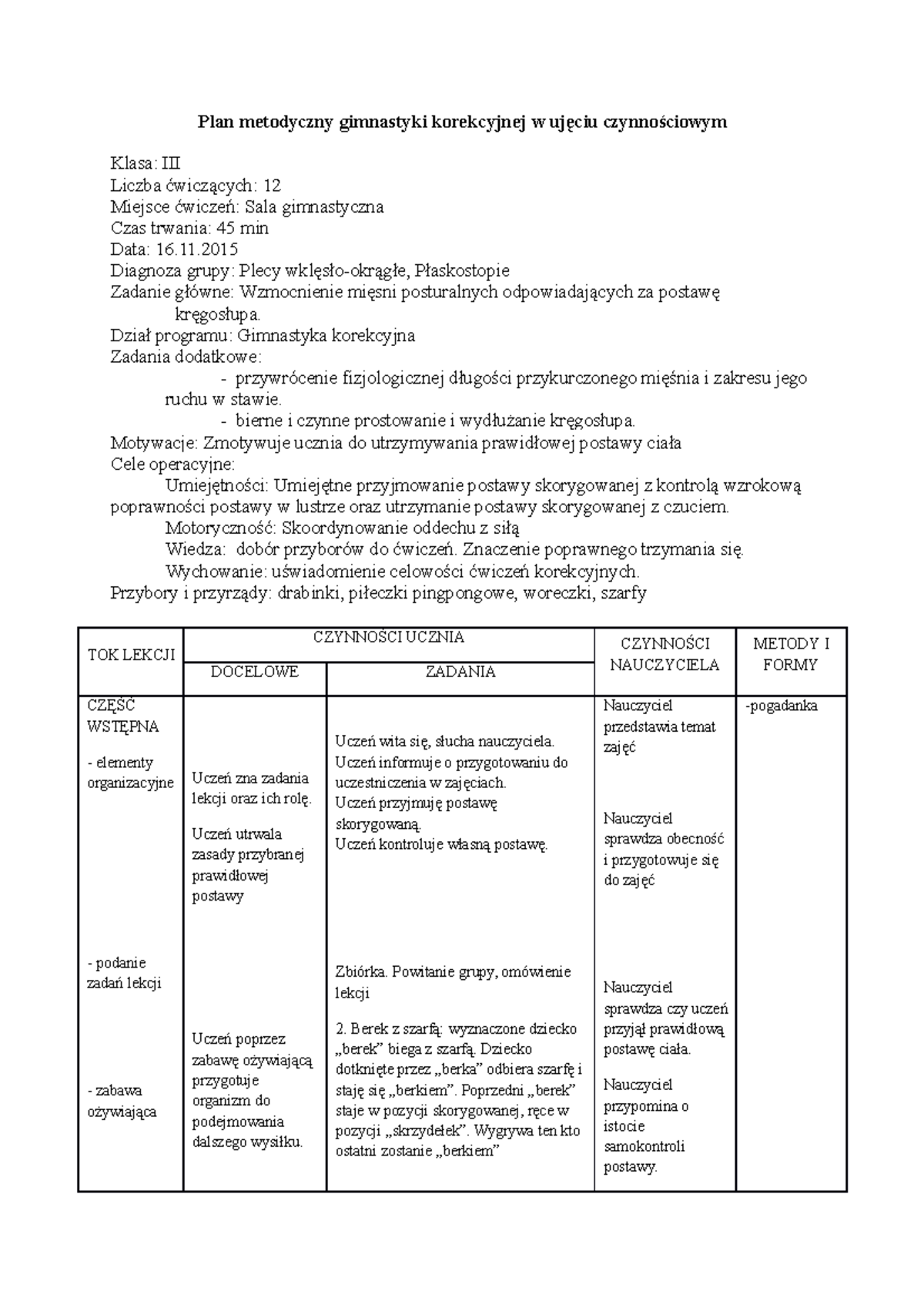 Konspekt- dydaktyka ćwiczeń kształtujących - Plan metodyczny gimnastyki