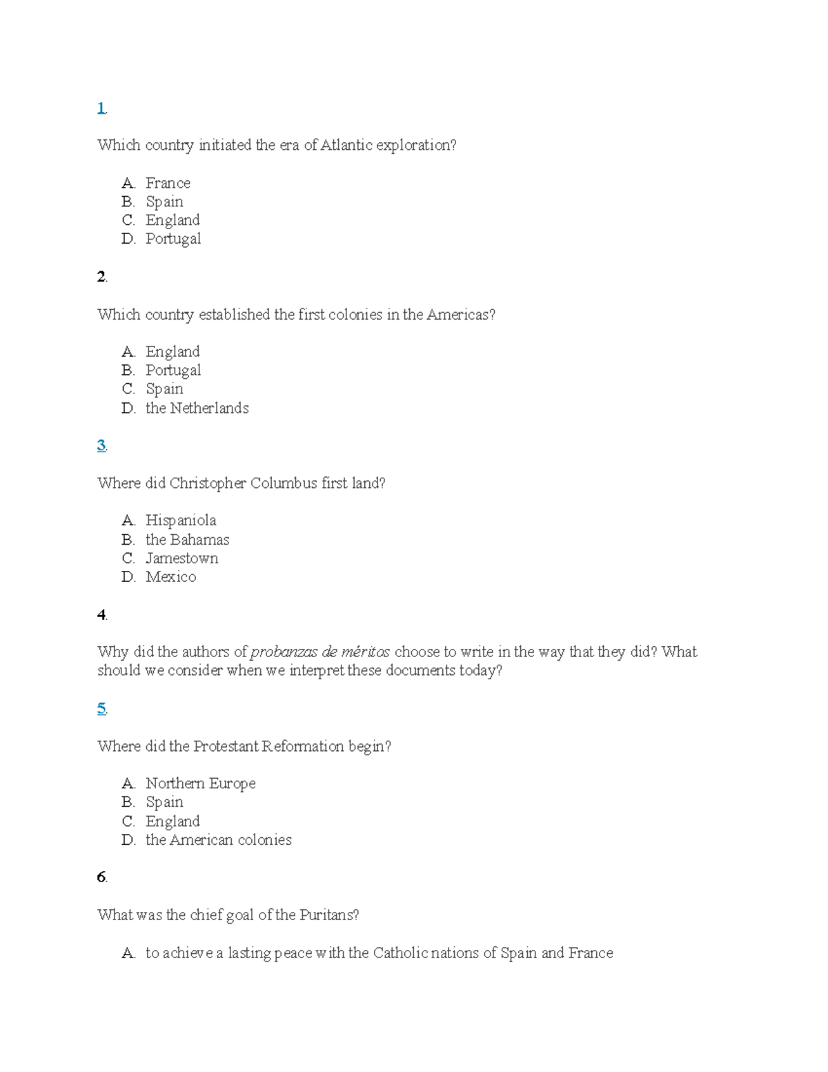 US History Chapter 2 Review Questions 1 Which Country Initiated The 