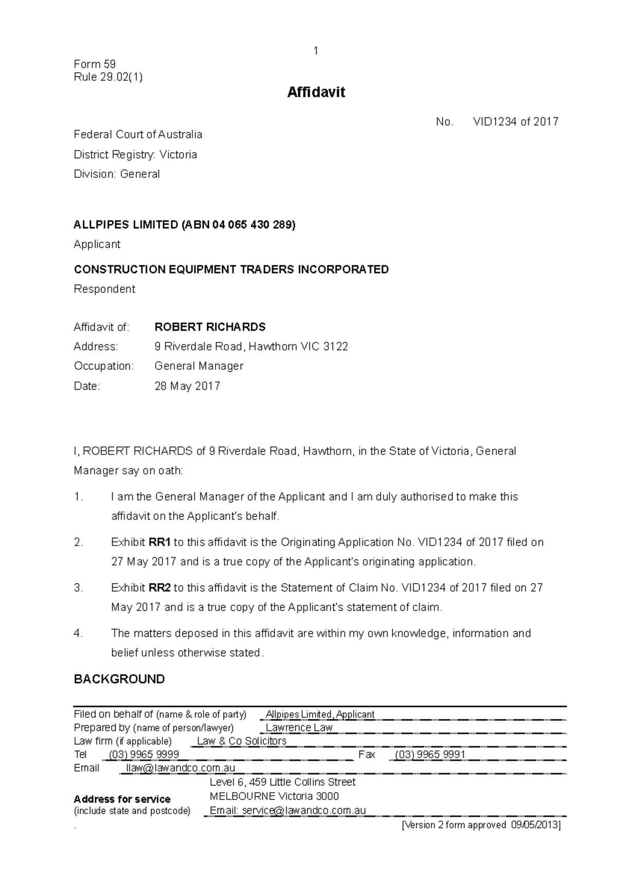 Activity 2.1 - Affidavit of Robert Richards - Final - Form 59 Rule 29(1 ...