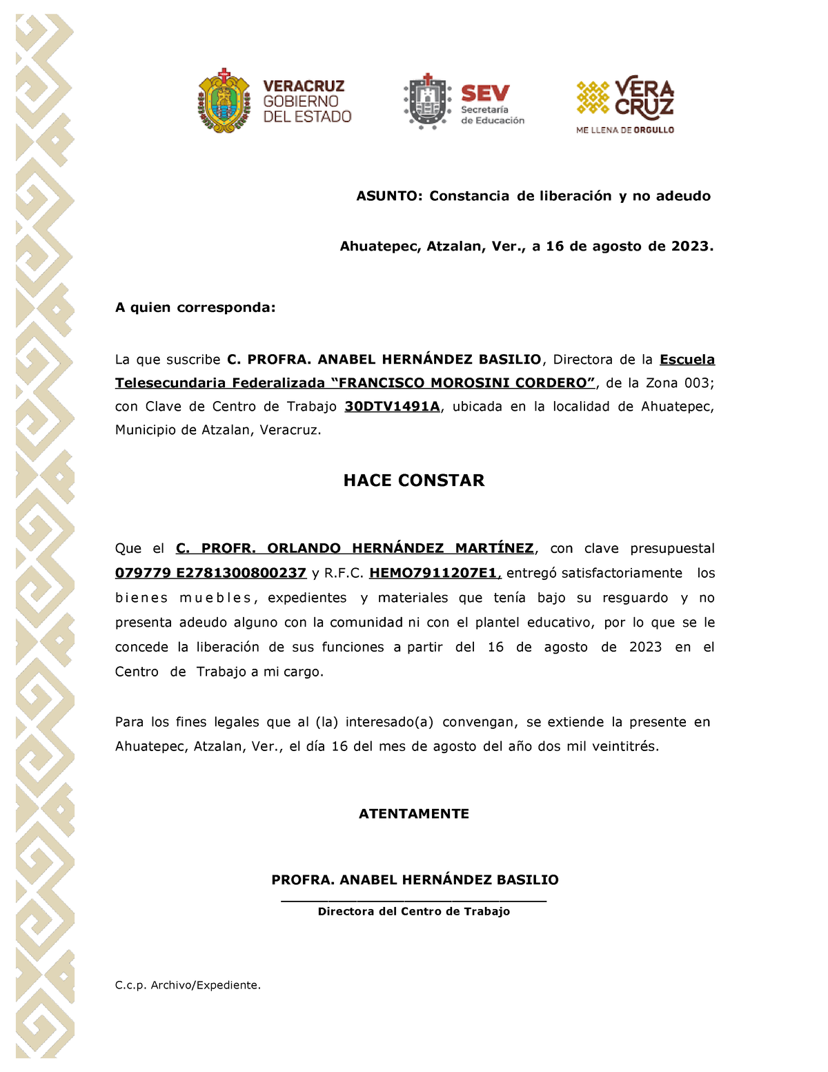 Constancia Liberacion No Adeudo Asunto Constancia De Liberación Y No Adeudo Ahuatepec 5177