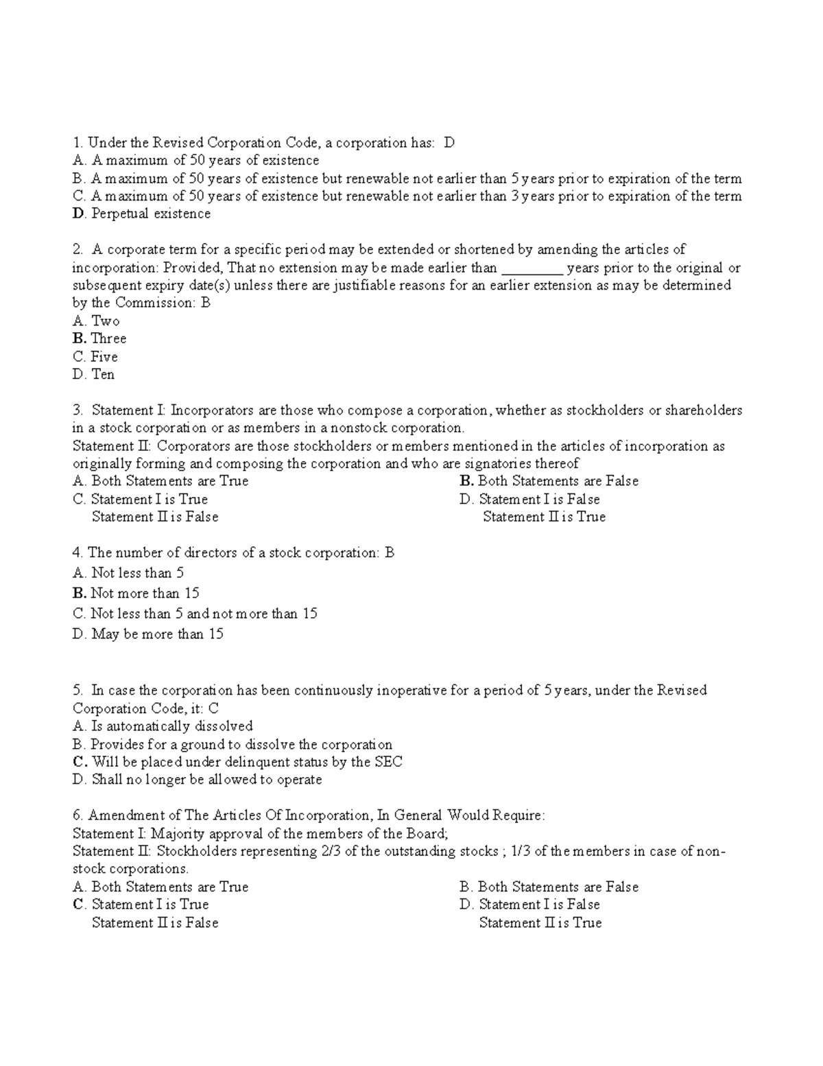 QUIZ - Quiz on Corporation Article I and Article II - 1. Under the ...