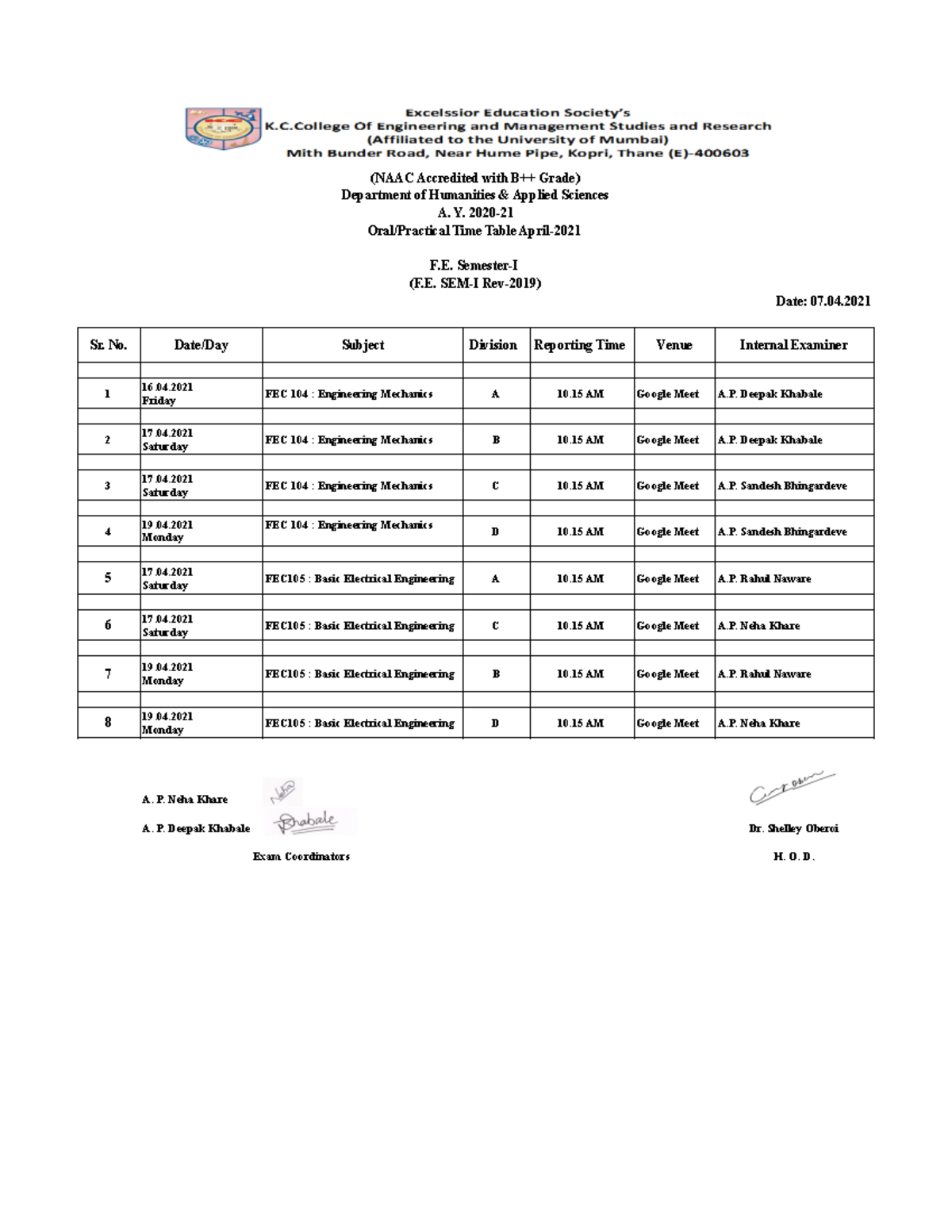 Oral Exam Time Table (A.Y. 2020-21)(Sem-I) - (NAAC Accredited with B++ ...