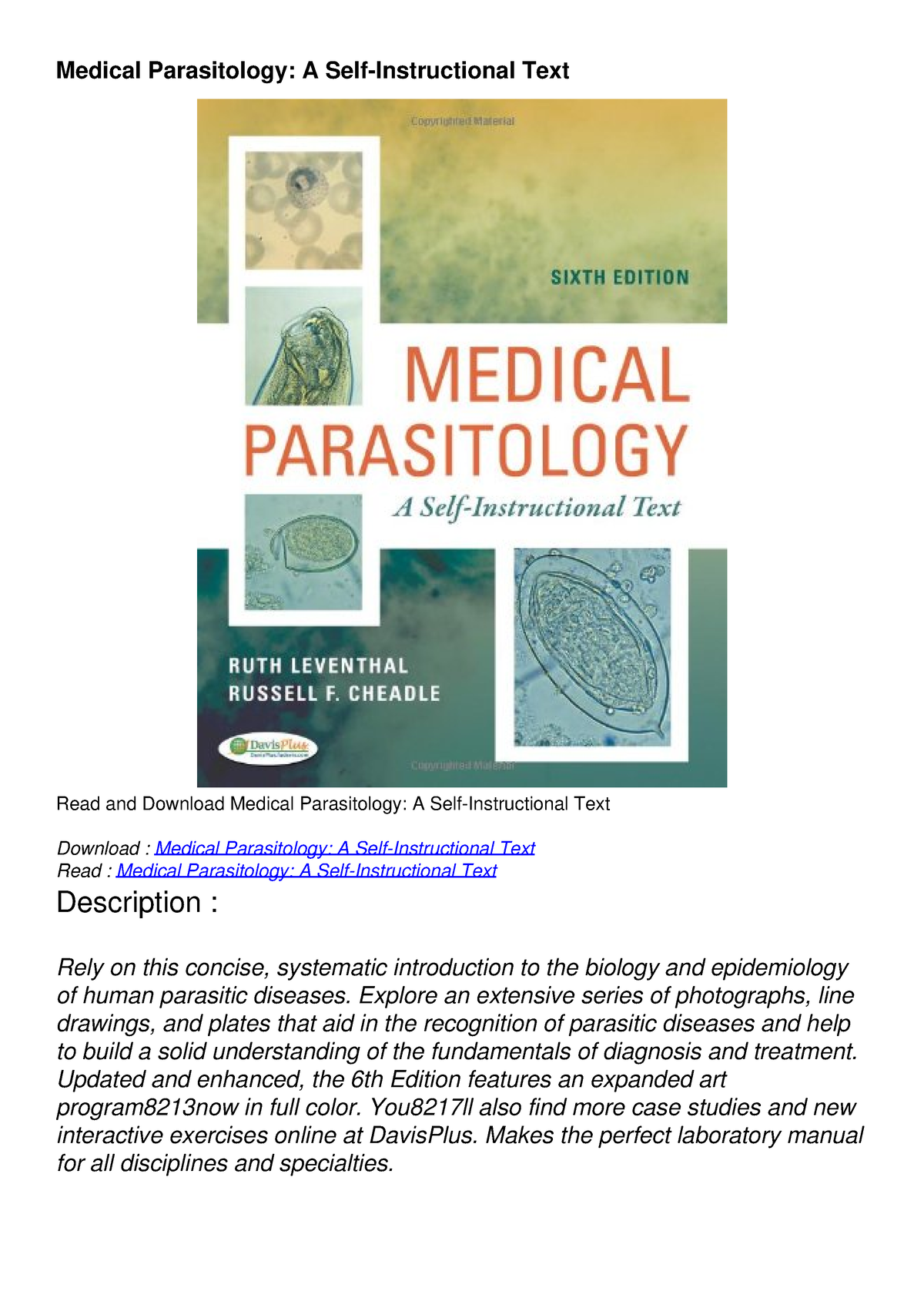 Pdf(readonline) Medical Parasitology: A Self-Instructional Text ...