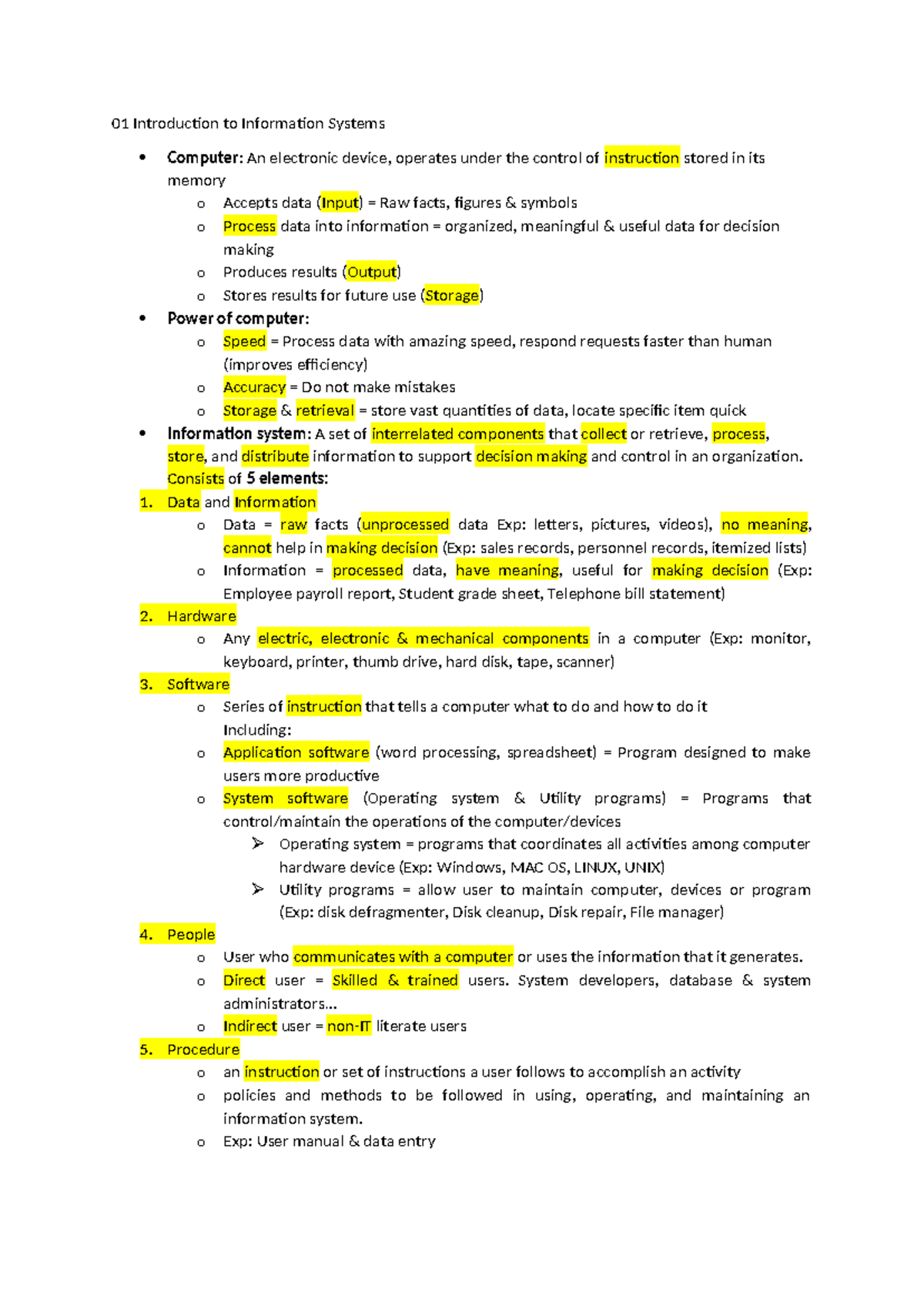Information system notes - 01 Introduction to Information Systems ...