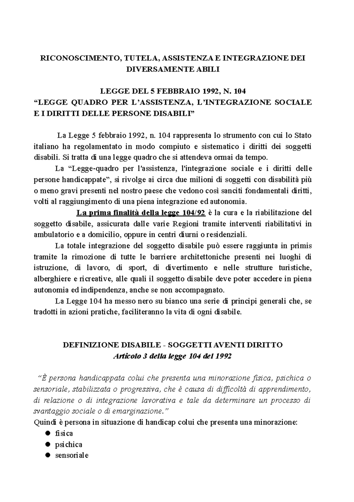 Legge-104-92 - Legge 104 - RICONOSCIMENTO, TUTELA, ASSISTENZA E ...