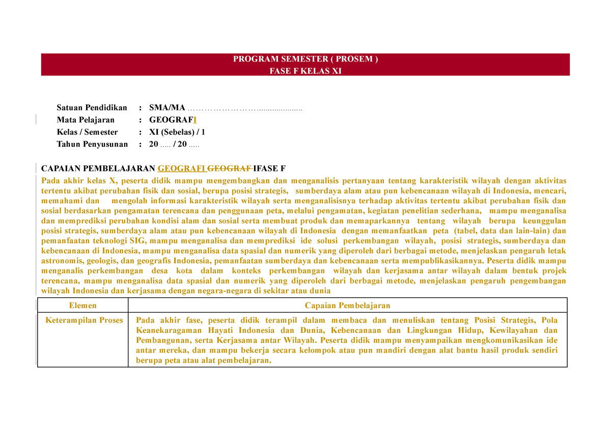 Prosem - Geografi 11 - Modul Ajar - PROGRAM SEMESTER ( PROSEM ) FASE F ...