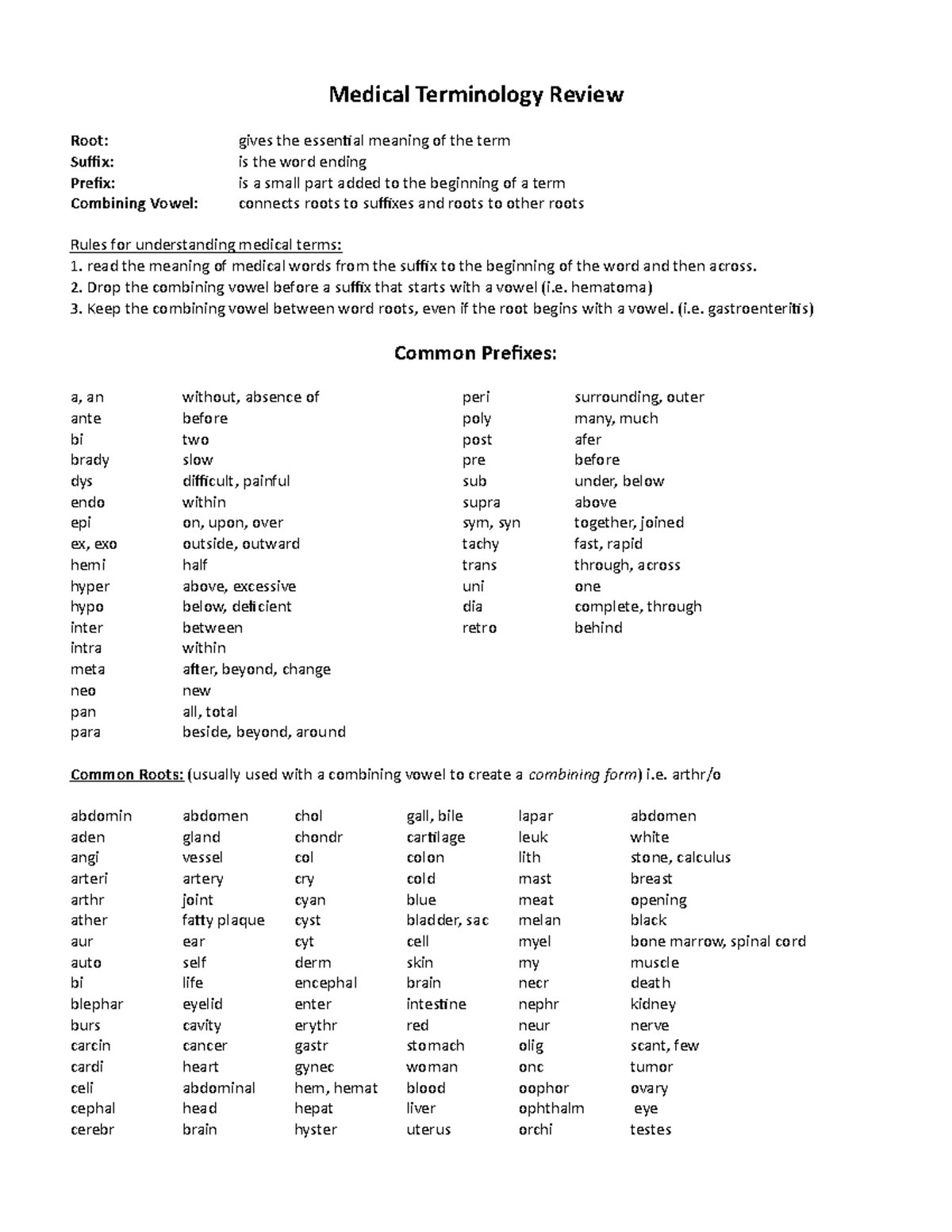 NSG120 Week 1 Medical Terminology Medical Terminology Review Root