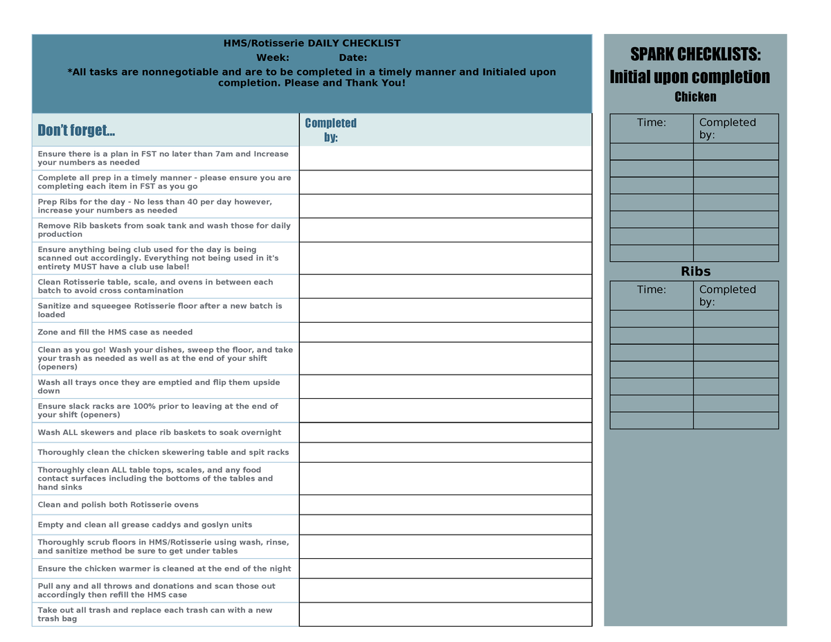 HMS Rotisserie Daily checklist - HMS/Rotisserie DAILY CHECKLIST Week ...